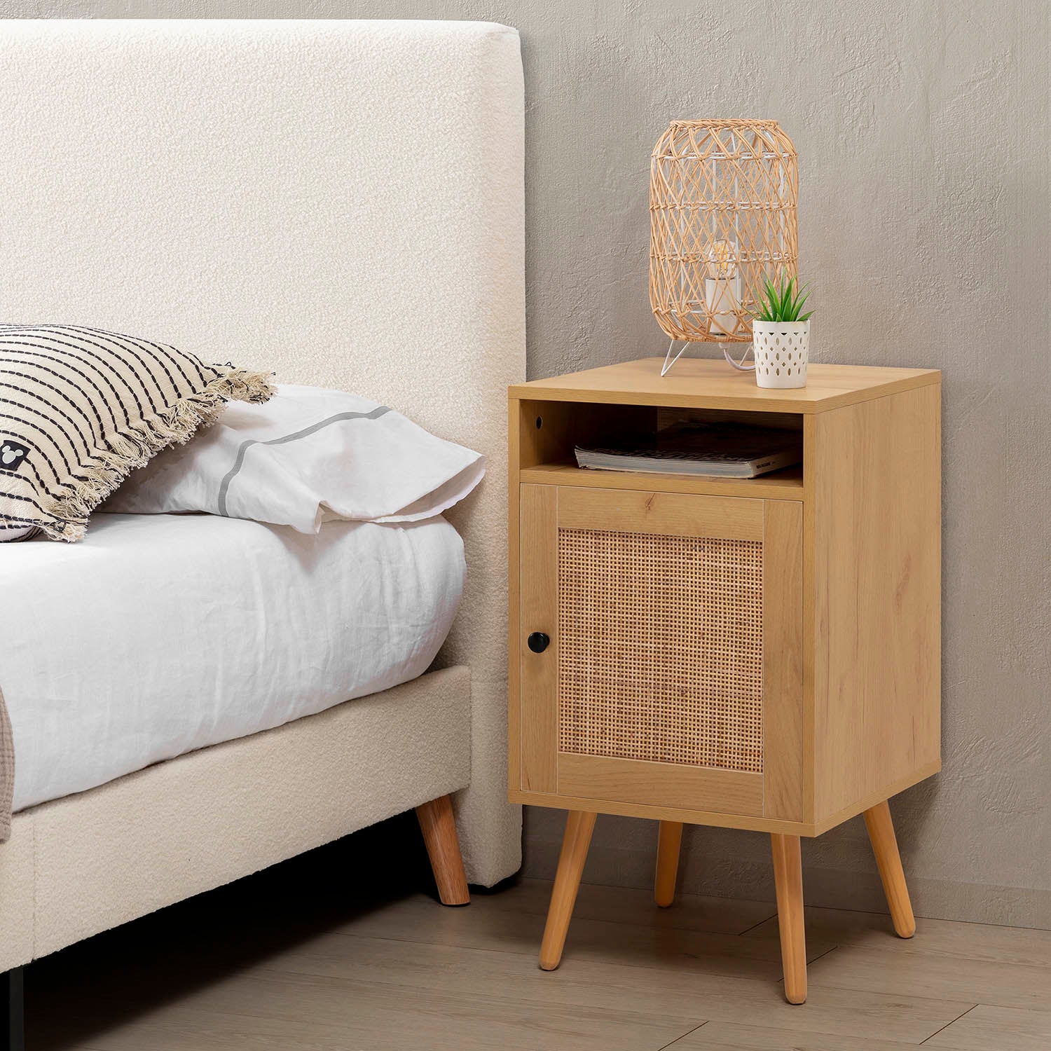 Table de Chevet Bella 1 Porte Couleur Chêne, Rotin Naturel - 7