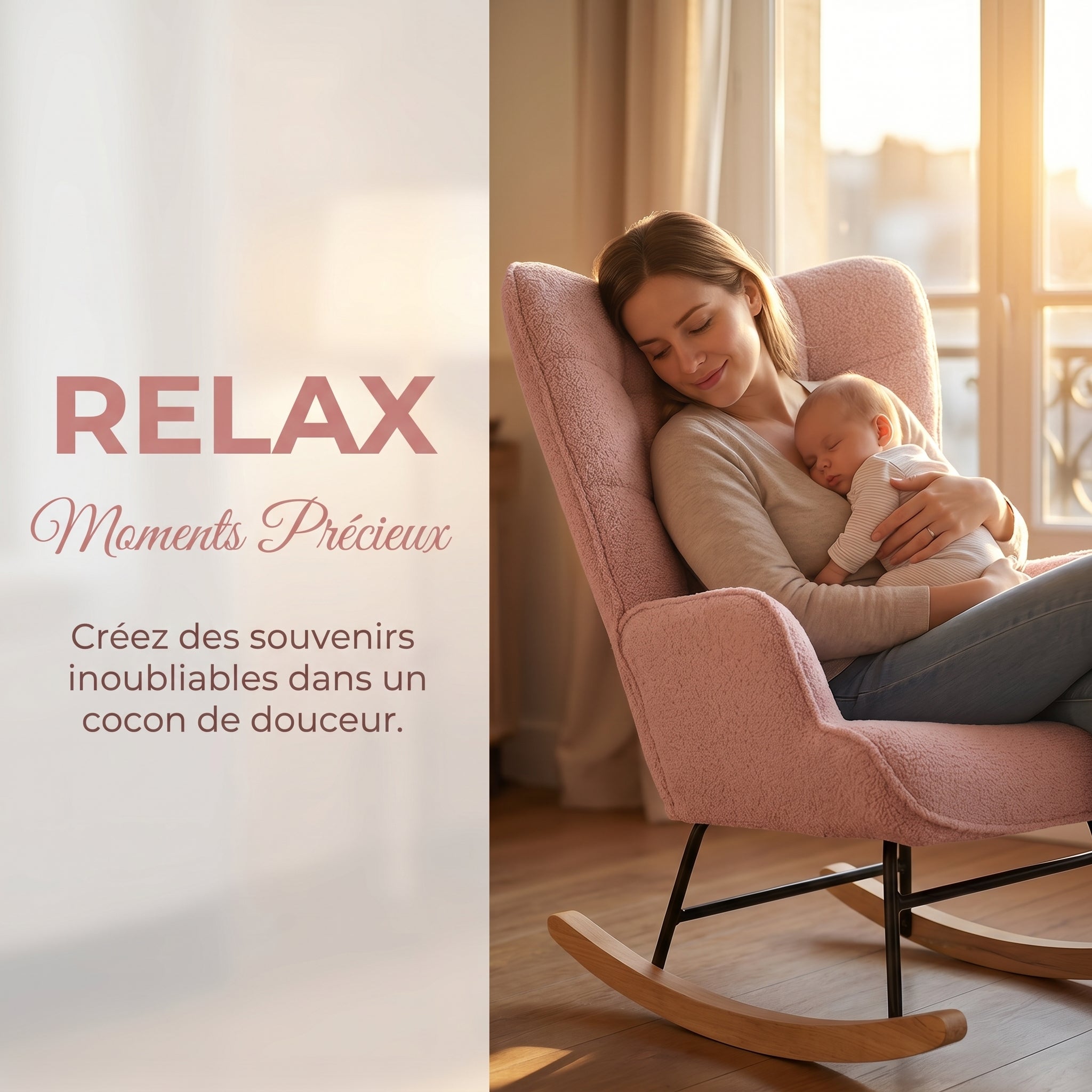 Fauteuil à Bascule, Rocking Chair d'Allaitement - Structure en métal et pieds bois massif, Maximale : 150 kg, Tissu Peluche Teddy, Rose, 75x68x92 cm - 2