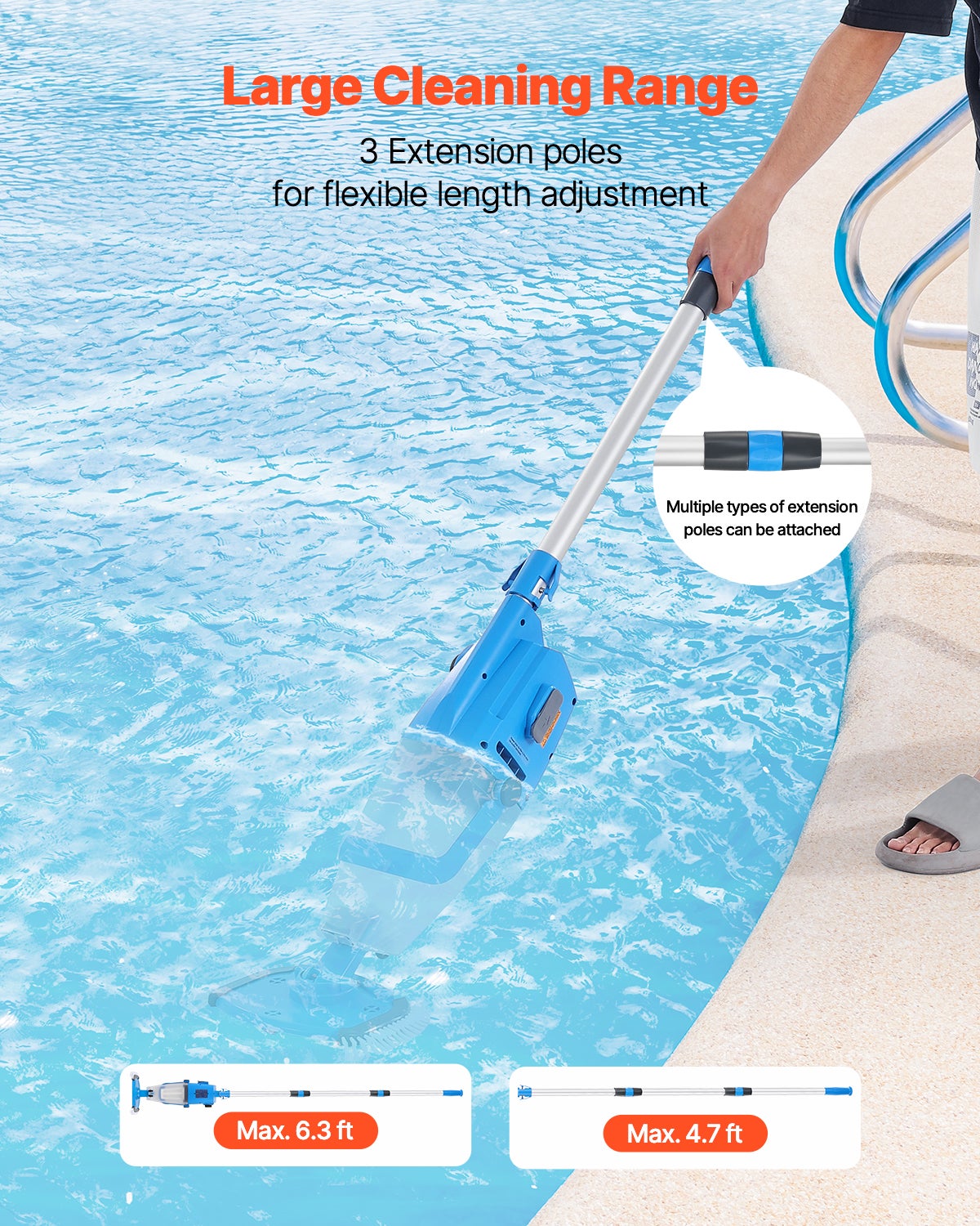 Aspirateur Piscine 100 L/min,VEVOR Nettoyeur Manuel Sans Fil,Rallonges,Aspiration Puissante,Rechargeable,1 Heure d'Autonomie,pour Piscines - 5