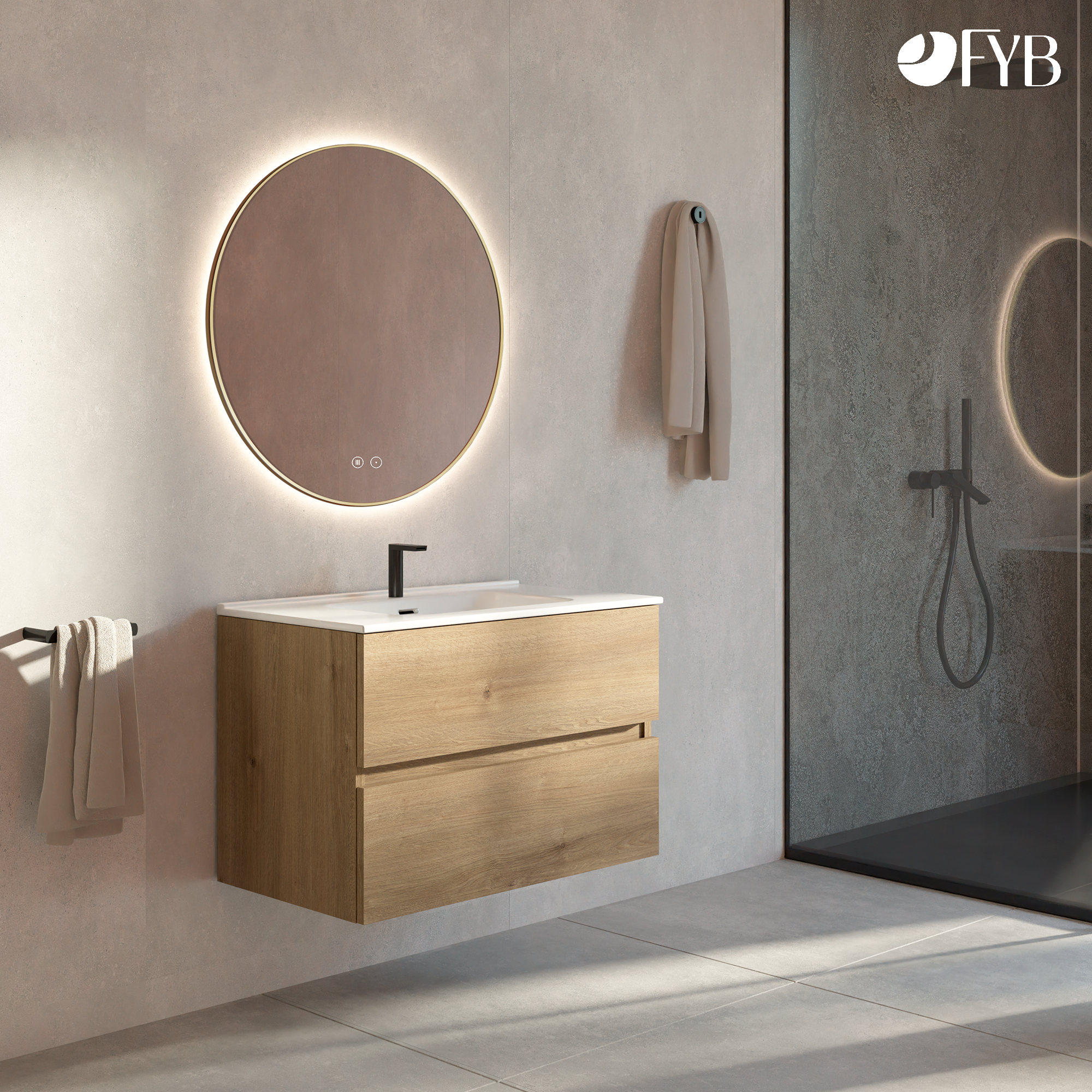 Feel Your Bath, Espejo de Baño Redondo con Luz LED Regulable 80cm, con Interruptor Táctil, Antivaho - Retroiluminado Oro - 7