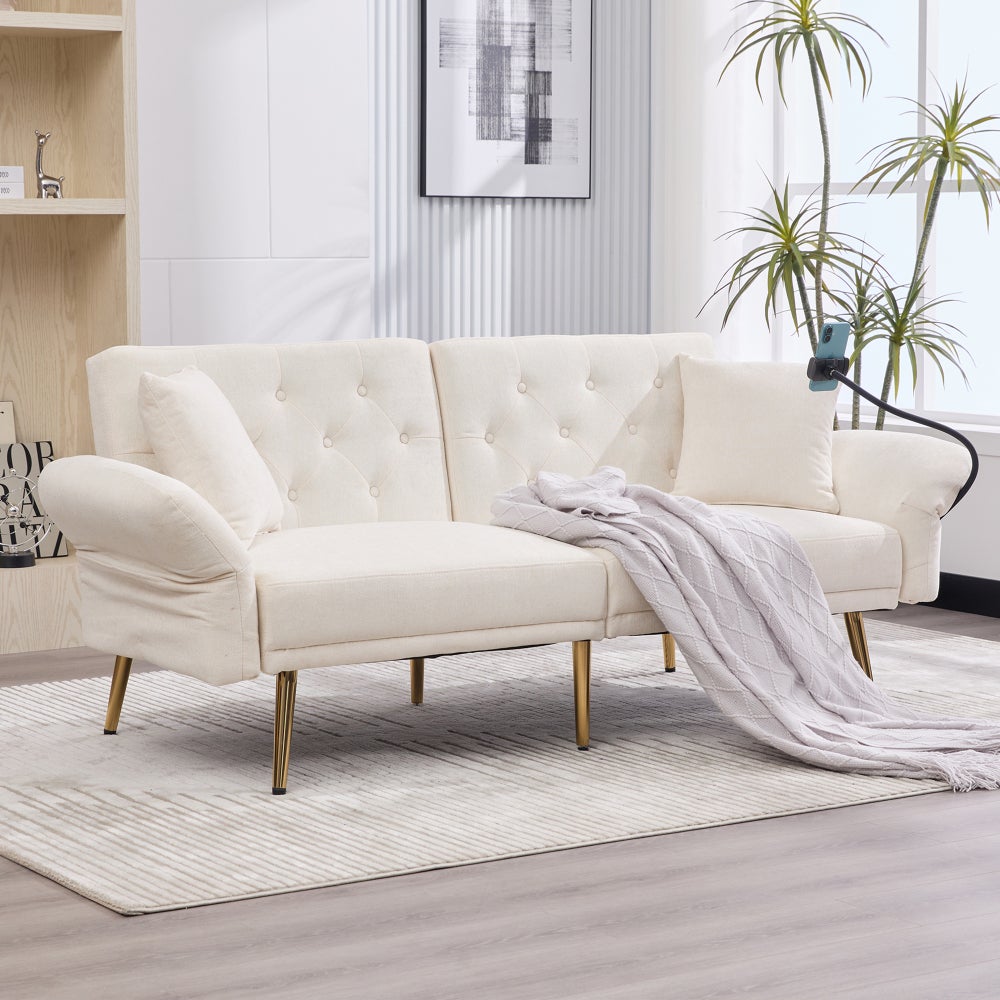 Sofa rozkładana, 2-osobowa, regulowane oparcie, 2x USB, uchwyt na telefon komórkowy, metalowe nogi, szara