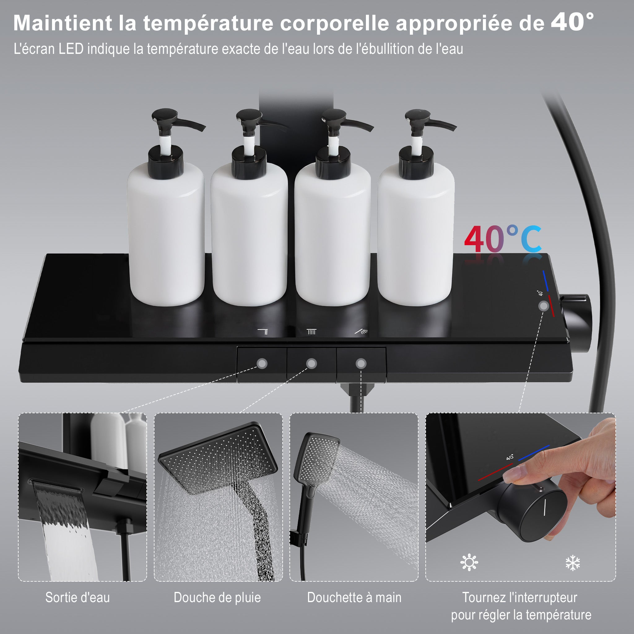 Colonne de Douche Thermostatique 40°C Noir, Kit de Douche 3 Fonctions avec Sortie Cascade, Étagère de Rangement 40 cm et Boutons Piano en Laiton - 2