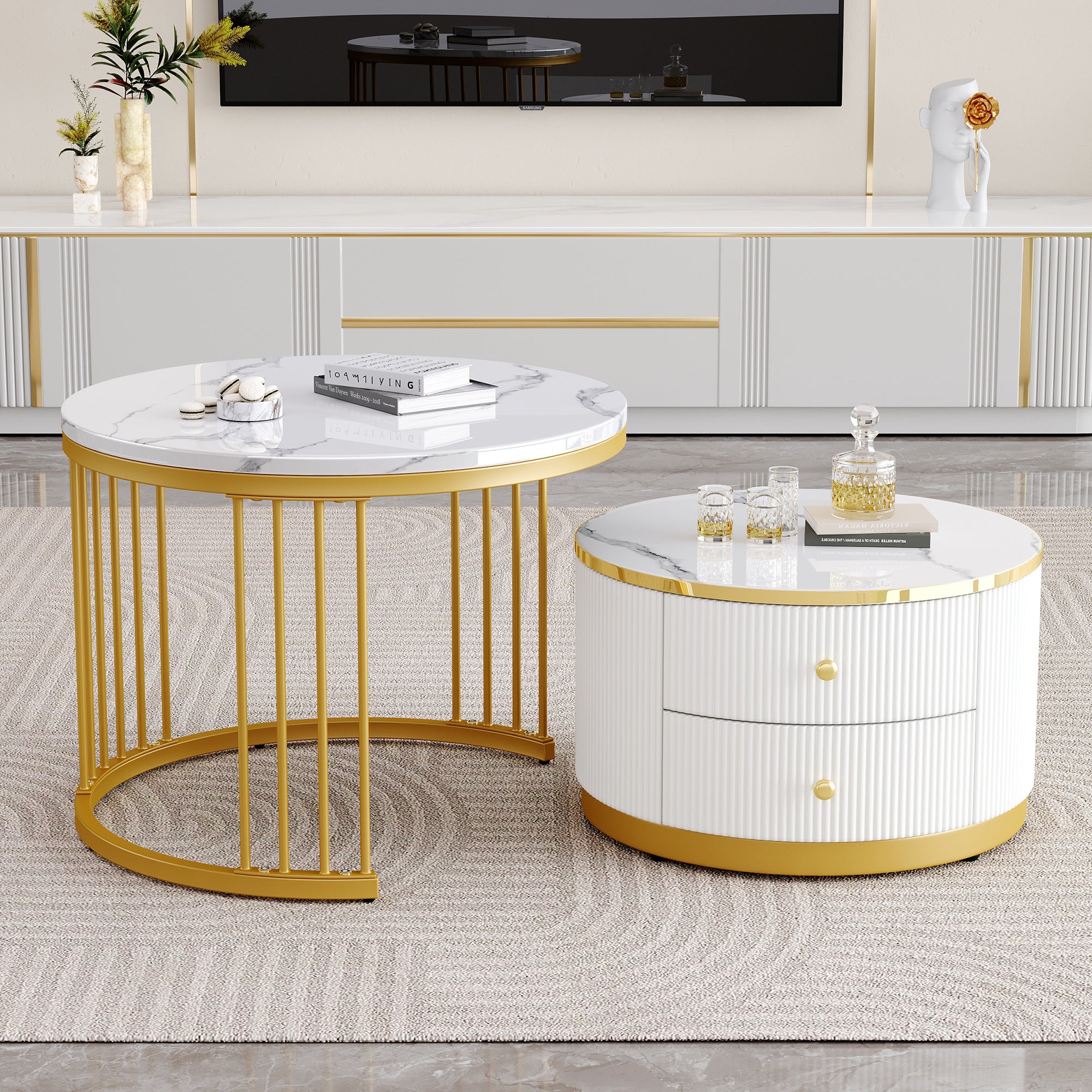Zestaw 2 składanych stolików kawowych z 2 szufladami - 60 x 60 x 45,5 cm + 50 x 50 x 32 cm - Błyszczący wygląd marmuru - Płyta MDF - Złoto i biel