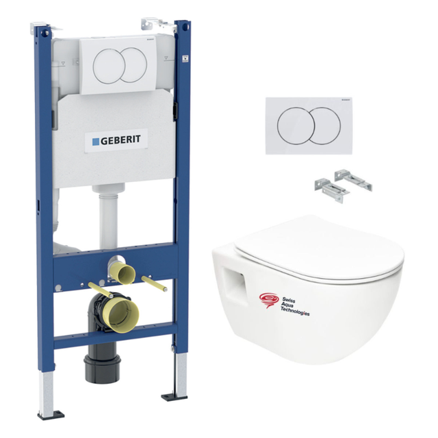 Pack WC Bâti-support Geberit + WC sans bride Swiss Aqua Technologies + Abattant SoftClose + Plaque Blanche (ProjectGeb3)