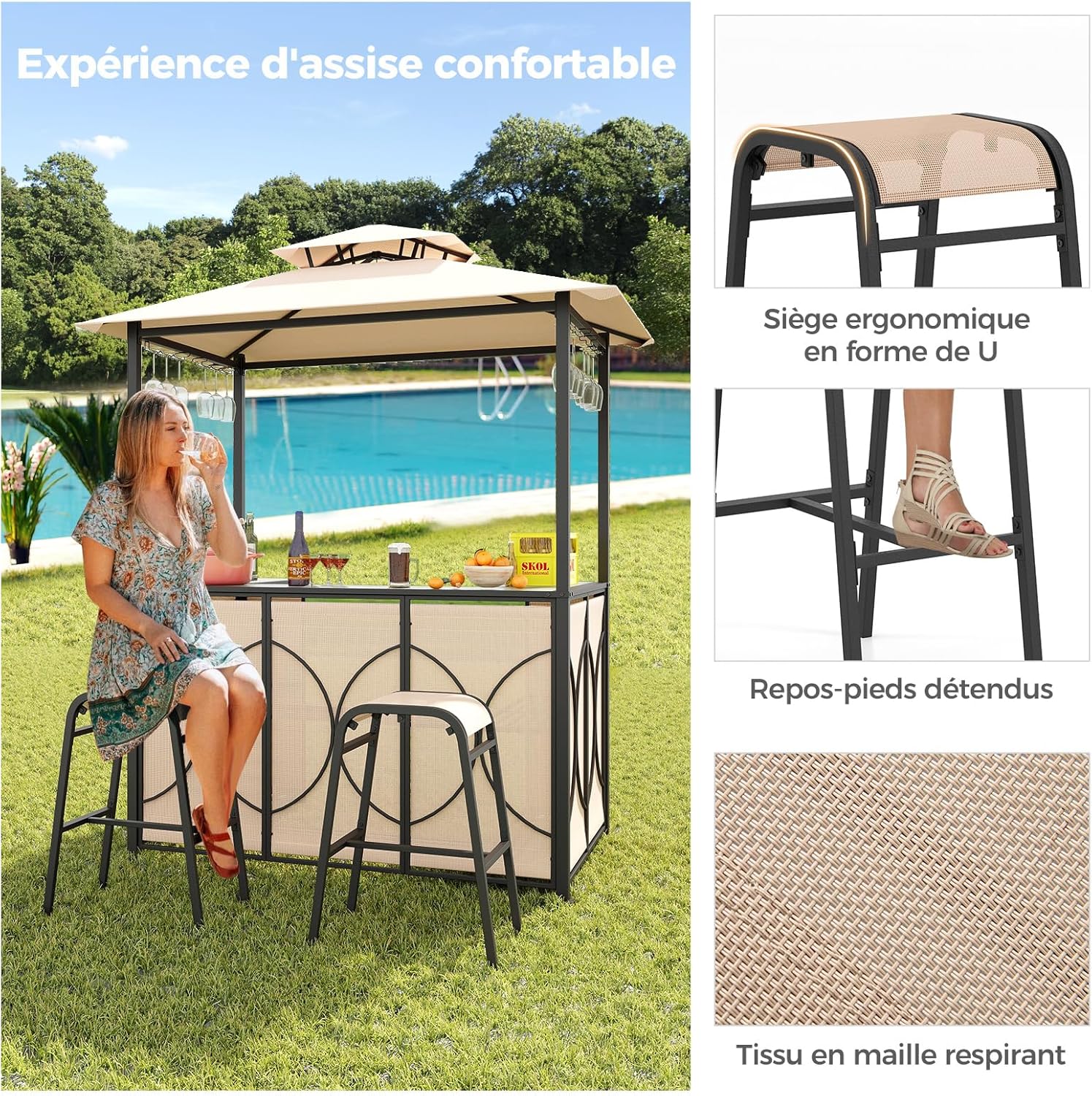 Set Bar da Patio a 3 Pezzi, Gazebo per Griglia e 2 Sgabelli da Bar con Tavolo in Vetro Temperato, Ripiani in Metallo, Portabicchieri, per Giar - 4