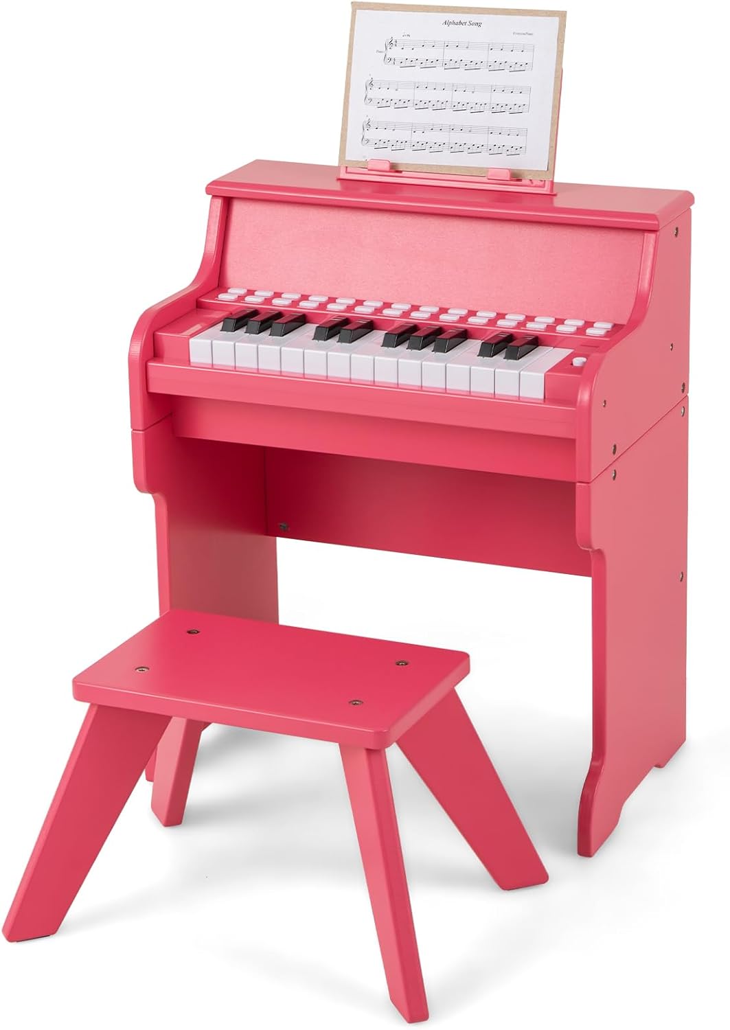Klavier dla Dzieci z Taboretem, Cyfrowy Fortepian z 25 Klawiszami i Pulpitkiem, Tryb Nauki, Regulowana Głośność/Prędkość (Różowy)