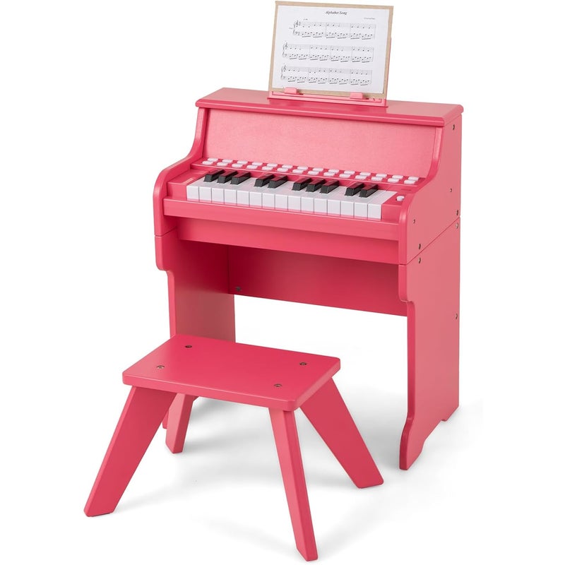 Klavier dla Dzieci z Taboretem, Cyfrowy Fortepian z 25 Klawiszami i Pulpitkiem, Tryb Nauki, Regulowana Głośność/Prędkość (Różowy)