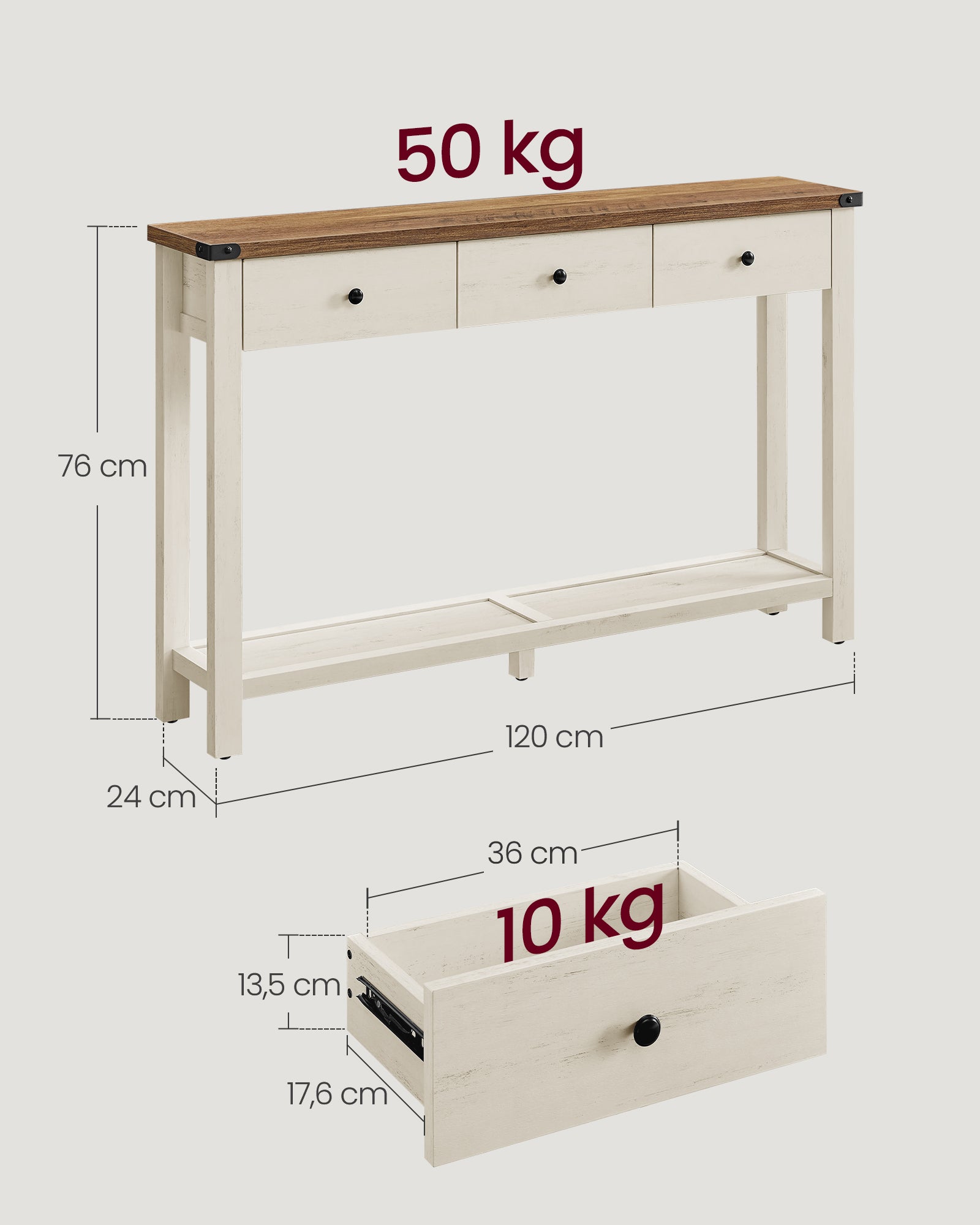 Table Console, Table d'Entrée avec 3 Tiroirs et Étagère de Rangement, pour Entrée, Salon, Style Campagnard, Marron Miel et Blanc Rustique - 5