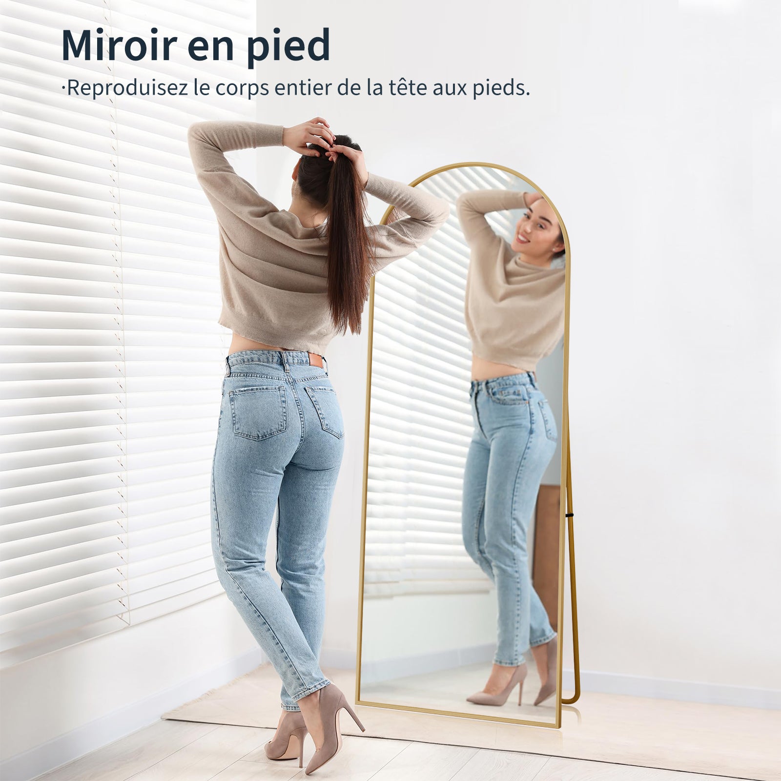 Miroir sur pied - l.53 x H.162 cm - Grand miroir incurvé HD - cadre en alliage d'aluminium - Miroir Mural haute définition en Verre Trempé - Doré - 2