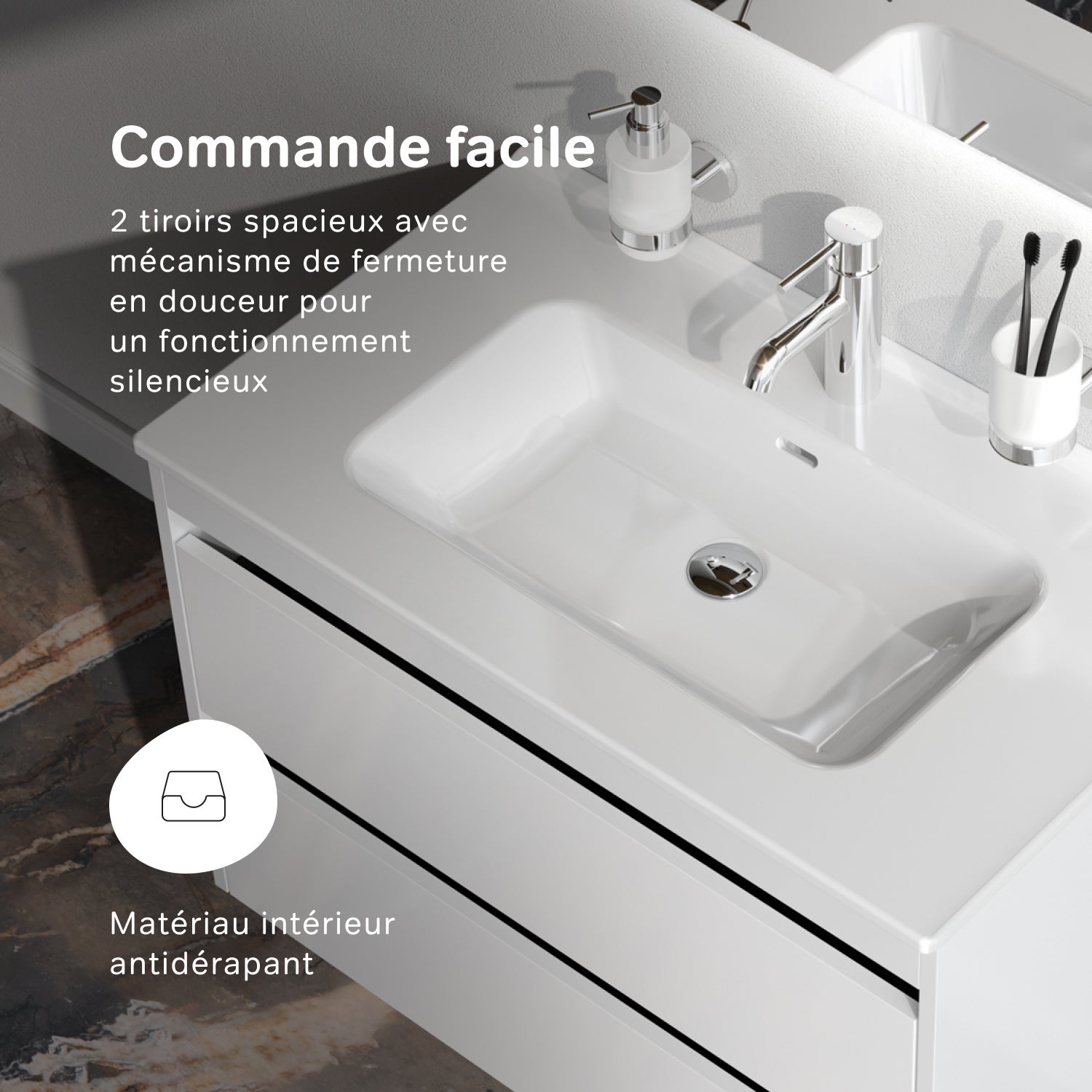 Meuble salle de bains suspendu 80 cm effet bois clair avec lavabo intégré, 2 tiroirs, design, Blanc Brillant – AM.PM - 6