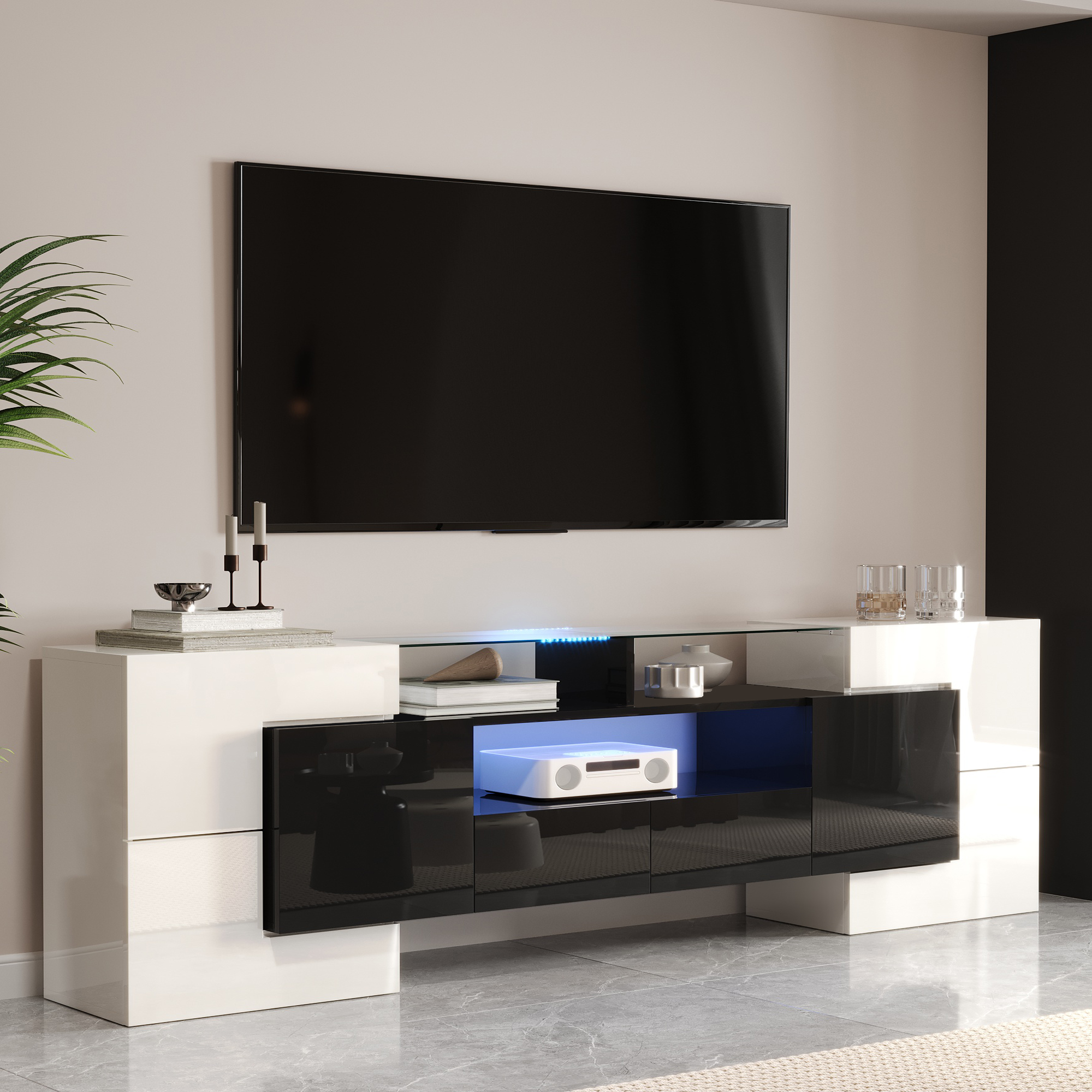 Sonnenh  Estantería Tv Moderna 200Cm, Y Vidrio, Led, Salón Blanco/Negro , Leroy Merlin