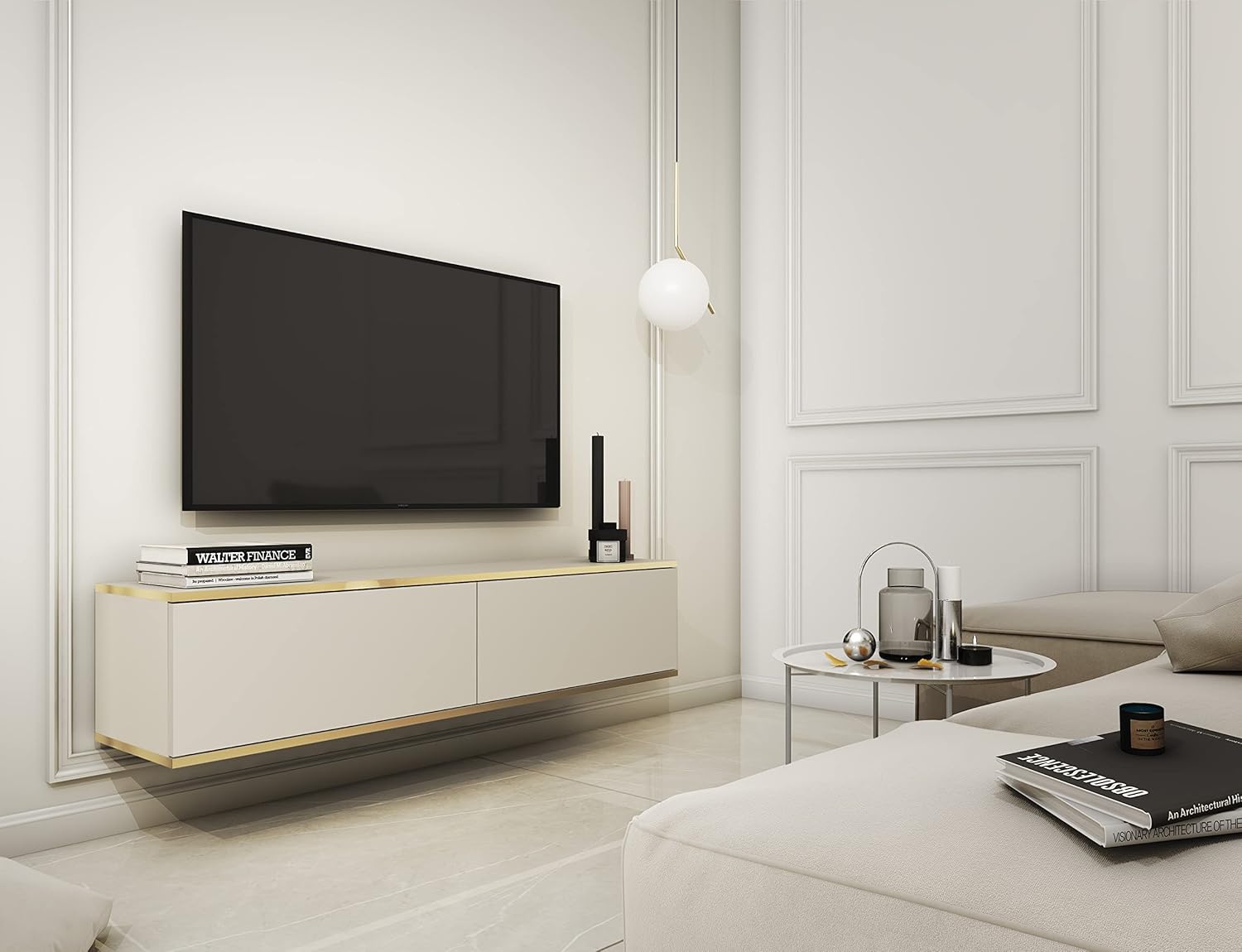 Szafka RTV, beżowa, 135 x 30 x 32 cm, otwierana na naciśnięcie - 2