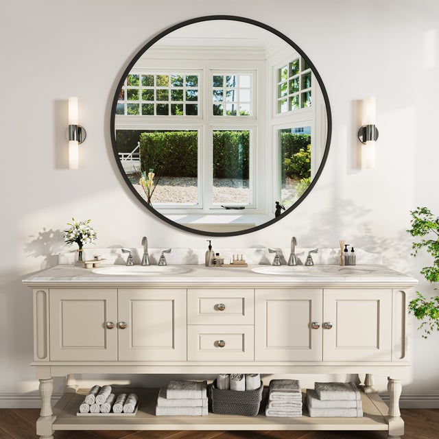 Miroir Mural Rond 75cm,Grand Miroir Salle de Bain avec Cadre en Alliage d’aluminium et Verre Trempé pour Chambre,Salon,Réflexion Claire,Noir