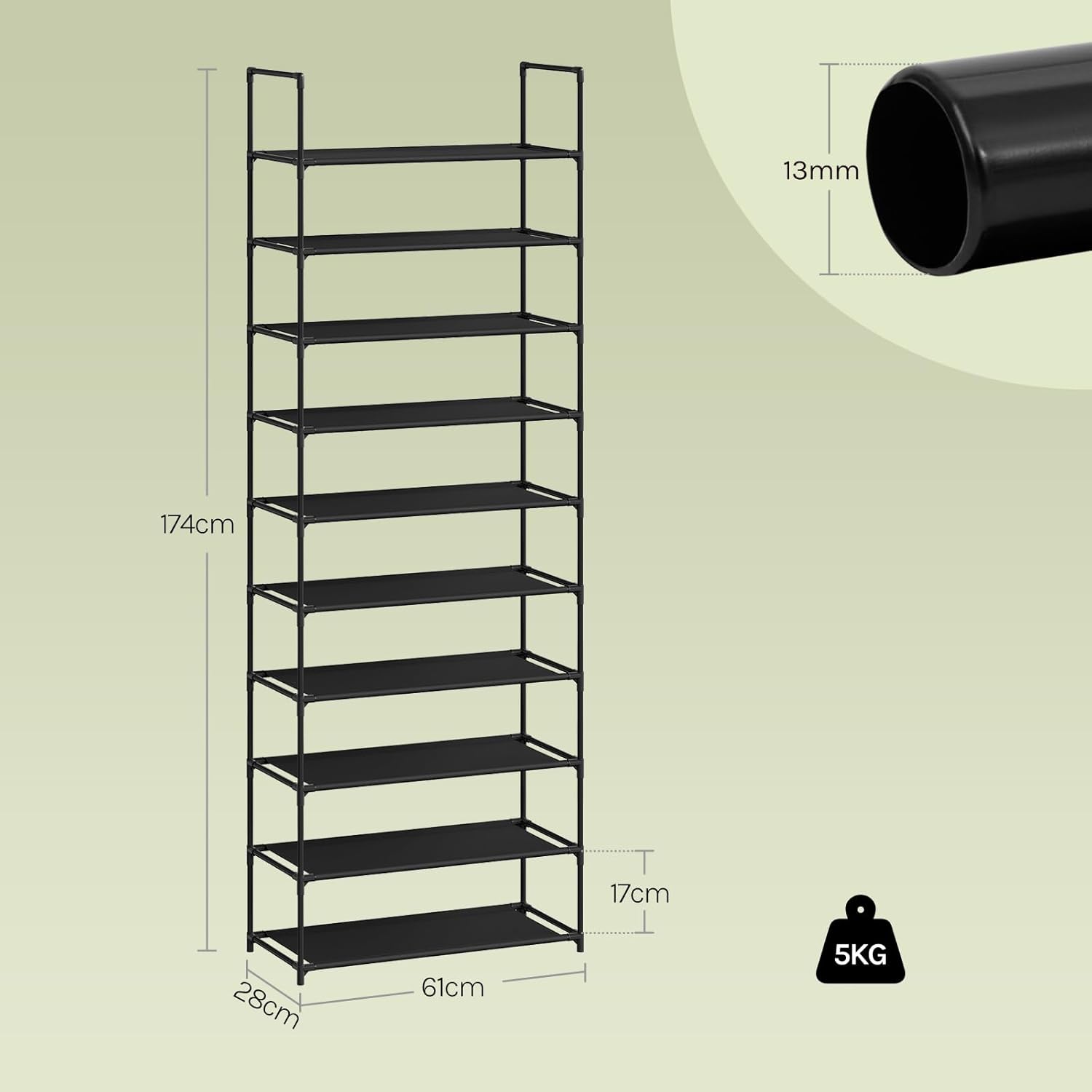 Étagère pour Chaussures WOLTU, Rangement de Chaussures à 10 Niveaux, Étroit, 61x28x174cm, Noir - 4