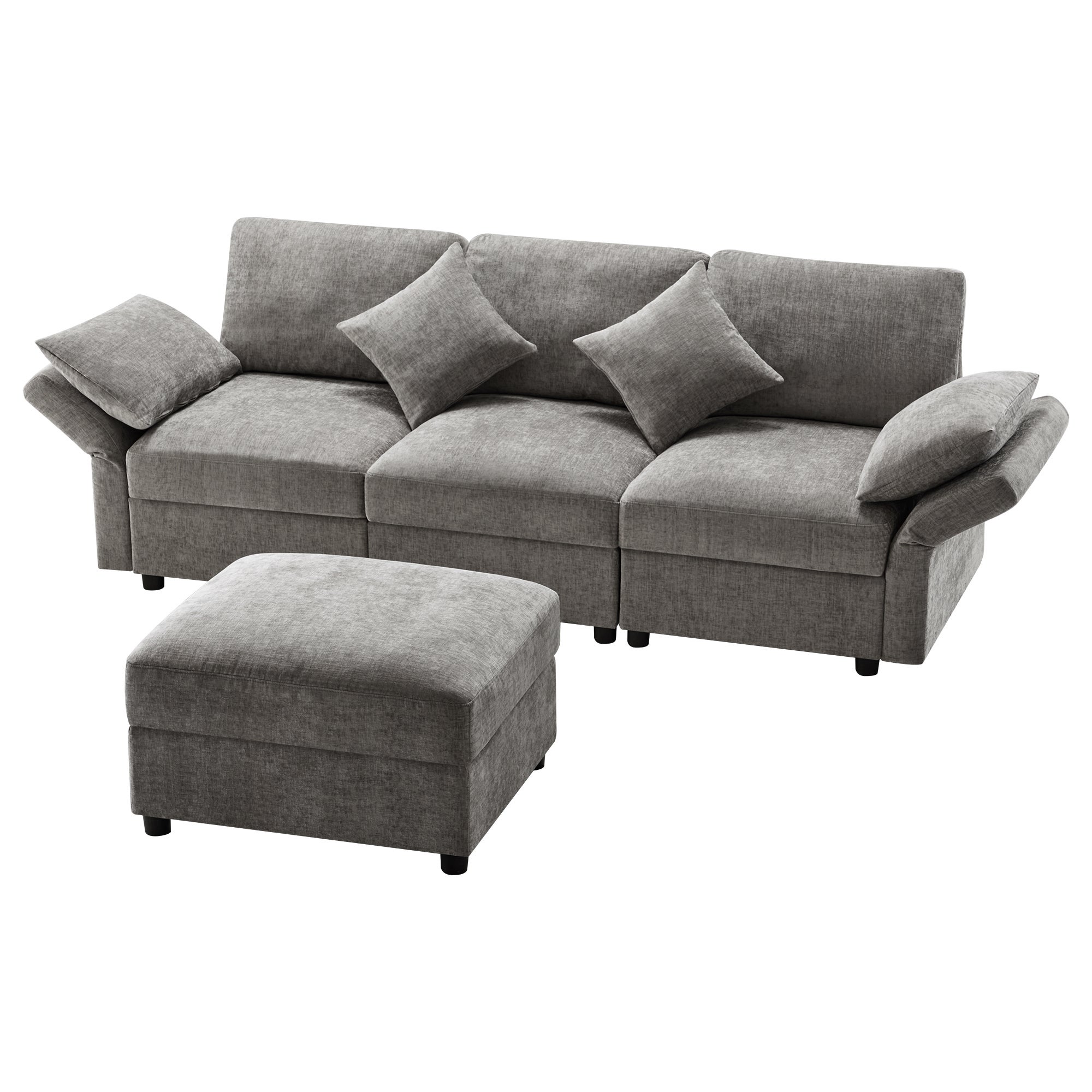 Narożna sofa w kształcie litery L - 3-osobowa - z podnóżkiem - 4 poduszki - regulowane podłokietniki - szara - 7