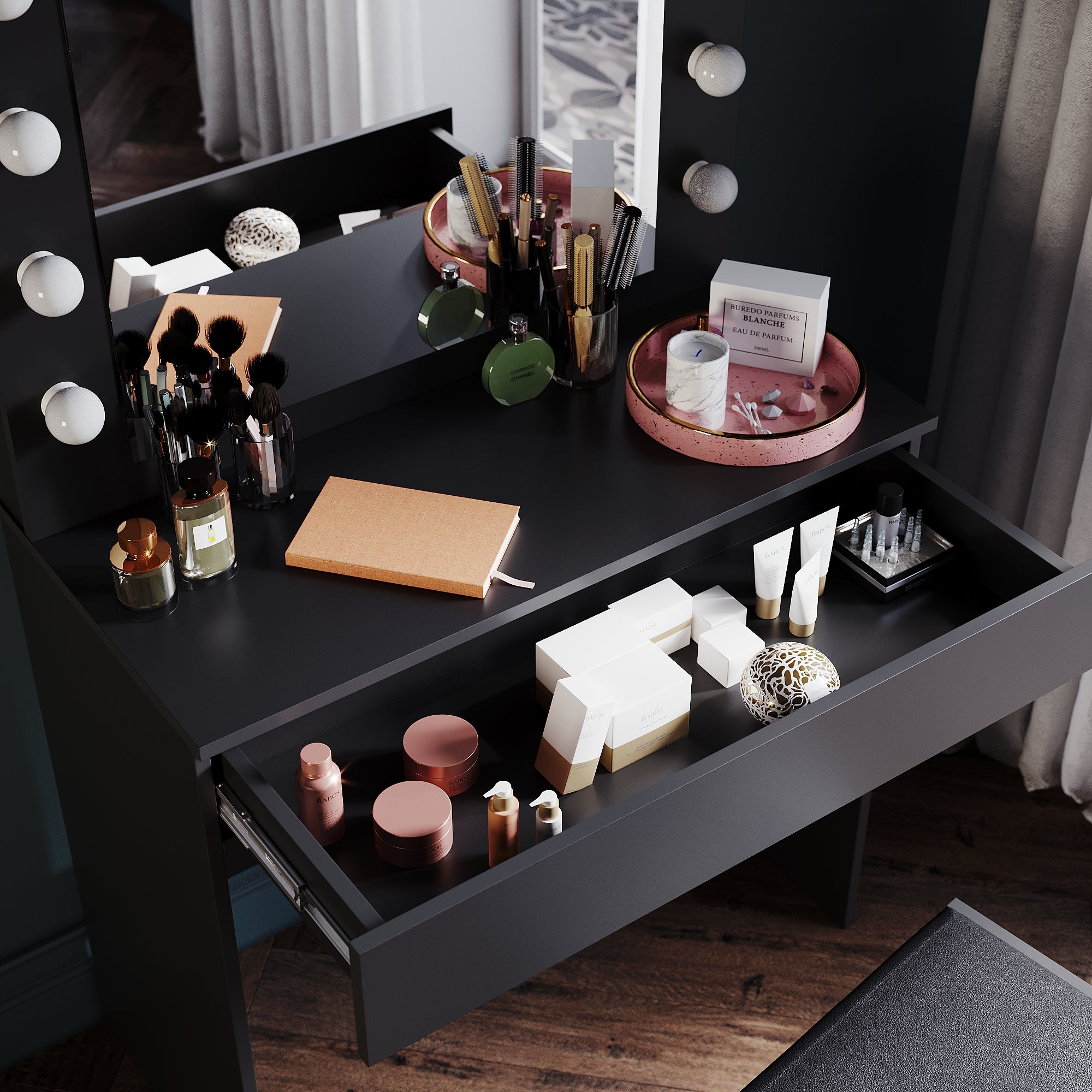 SIRHONA Coiffeuse avec Miroir et Tabouret Blanc,Ensemble de Coiffeuse avec Ampoules LED à Intensité Variable,Grand Tiroir,Noir 80x40x140cm - 4