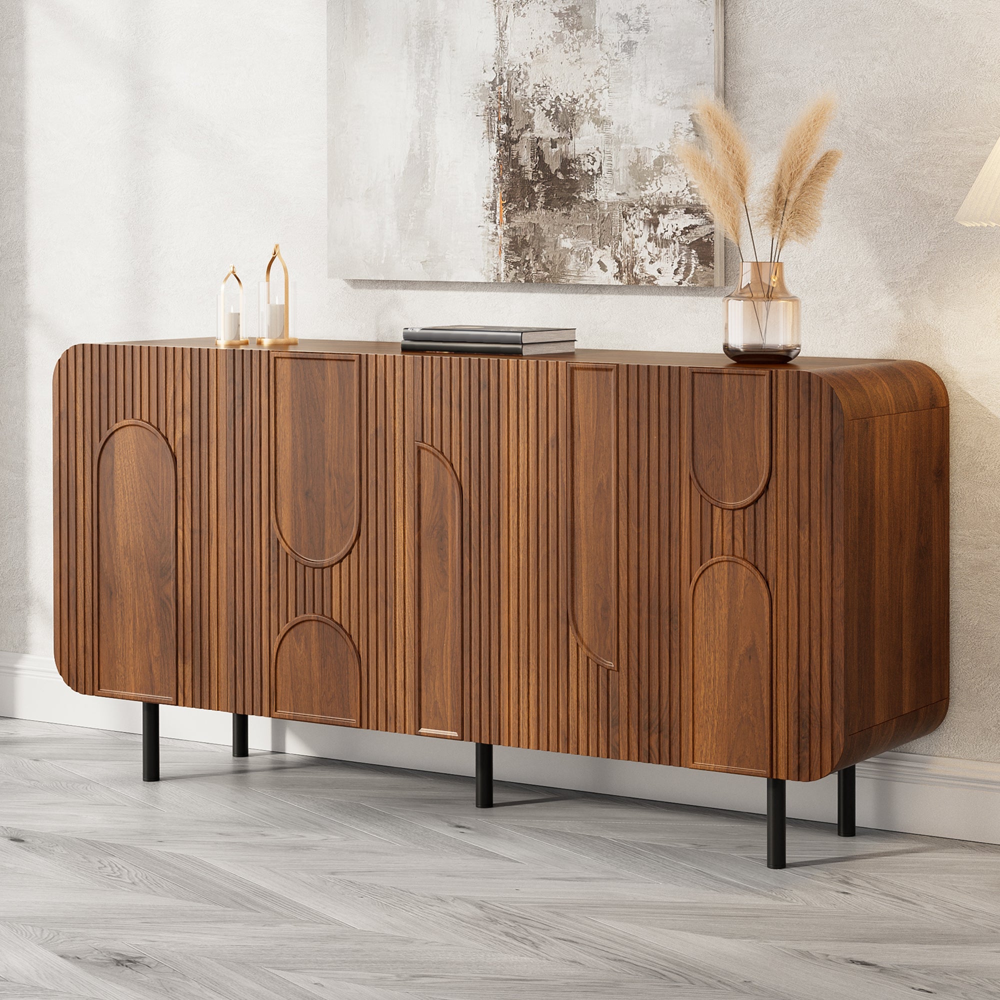 Buffet avec 4 portes et étagères réglables - 160 x 40 x 79 cm - MDF et panneaux de particules - Pieds en métal - Design mid-century - Noyer - 9