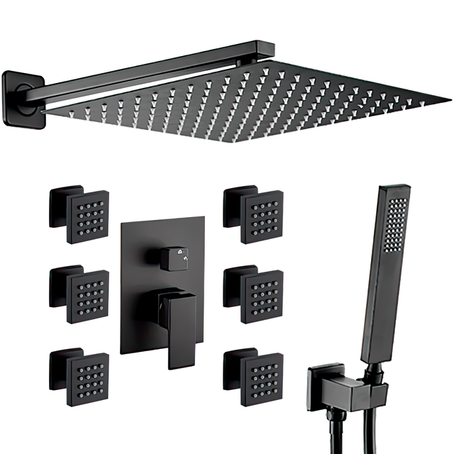 Valaz Douche d'hydromassage encastrable avec 6 jets muraux carrés noir mat - Série Tajo - 30 cm