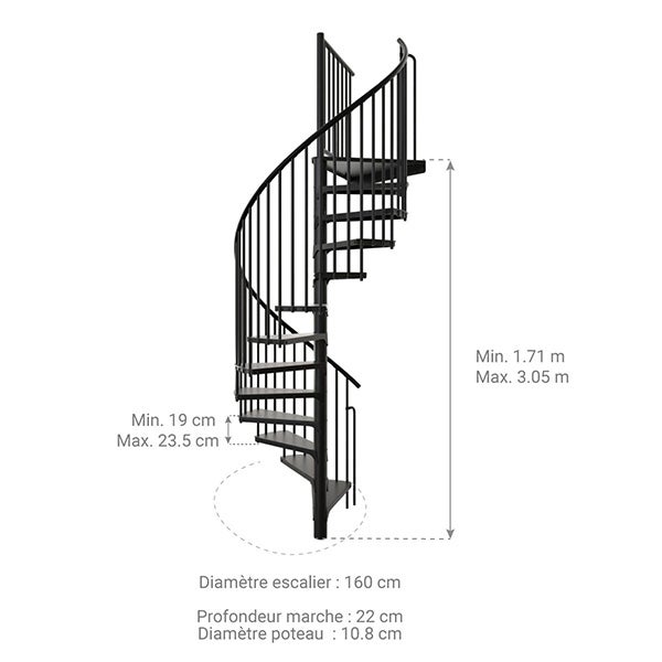 Escalier colimaçon métal 13 marches - Hauteur à franchir 2.52 à 3.05m - Diamètre 160cm - Noir - RONDO160-NN-13 - 2