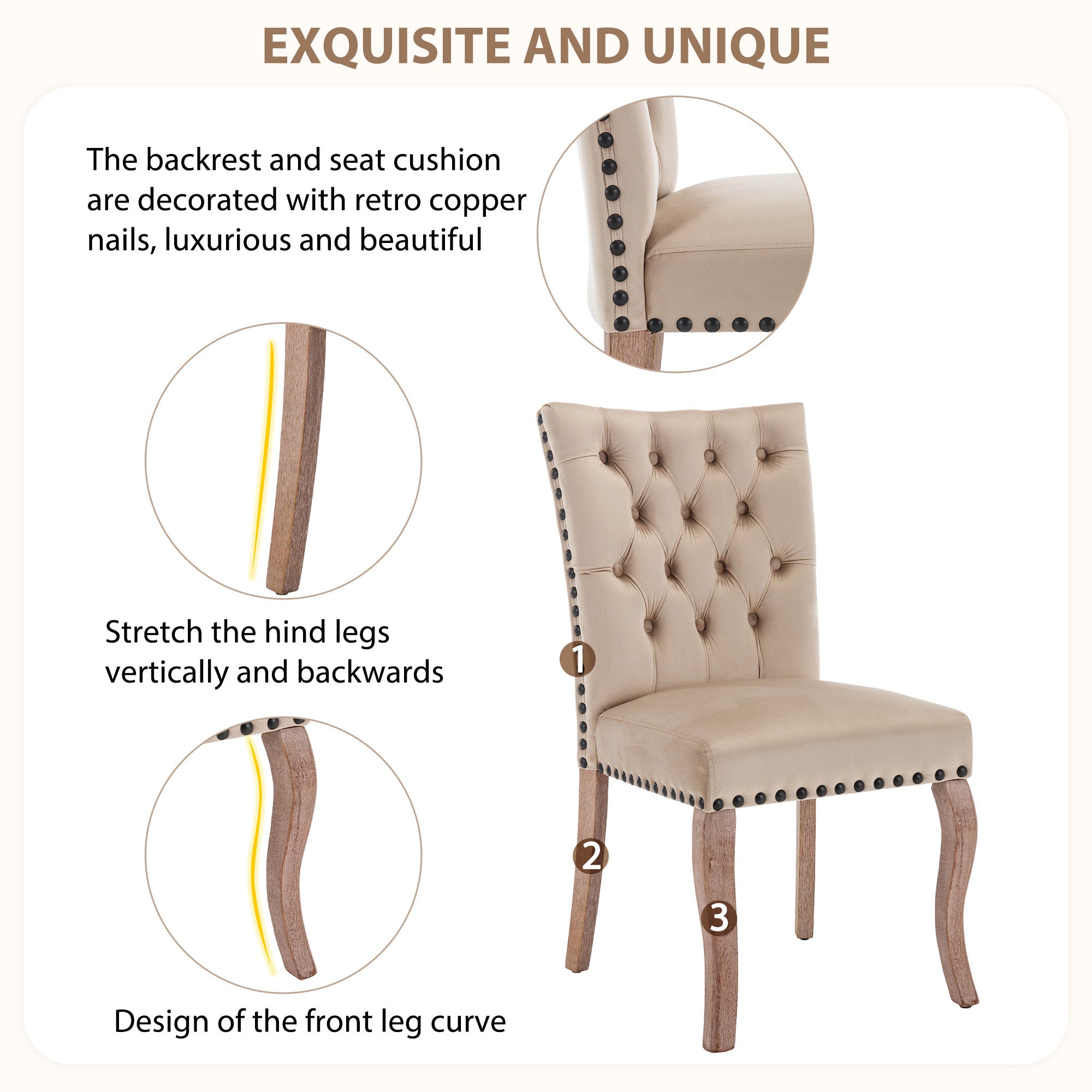 Chaises de salle à manger (chaises de cuisine avec dossier arrondi distinctif, lot de 2), pieds en bois massif, couleur camel clair - 2