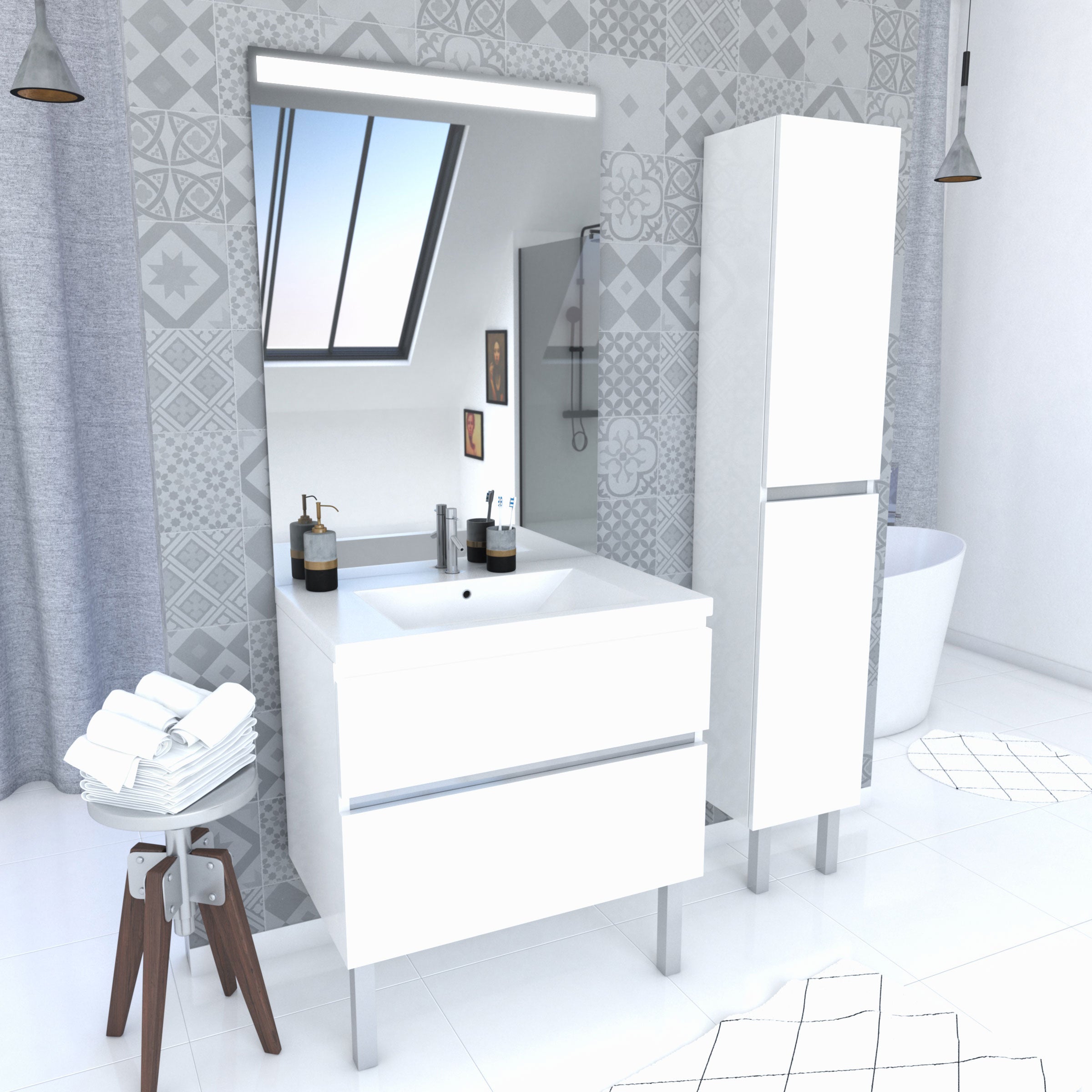 Ensemble De Salle De Bain 80 Cm Vasque R sine Blanche Miroir LED ensemble-de-salle-de-bain-80-cm-vasque-r-sine-blanche-miroir-led