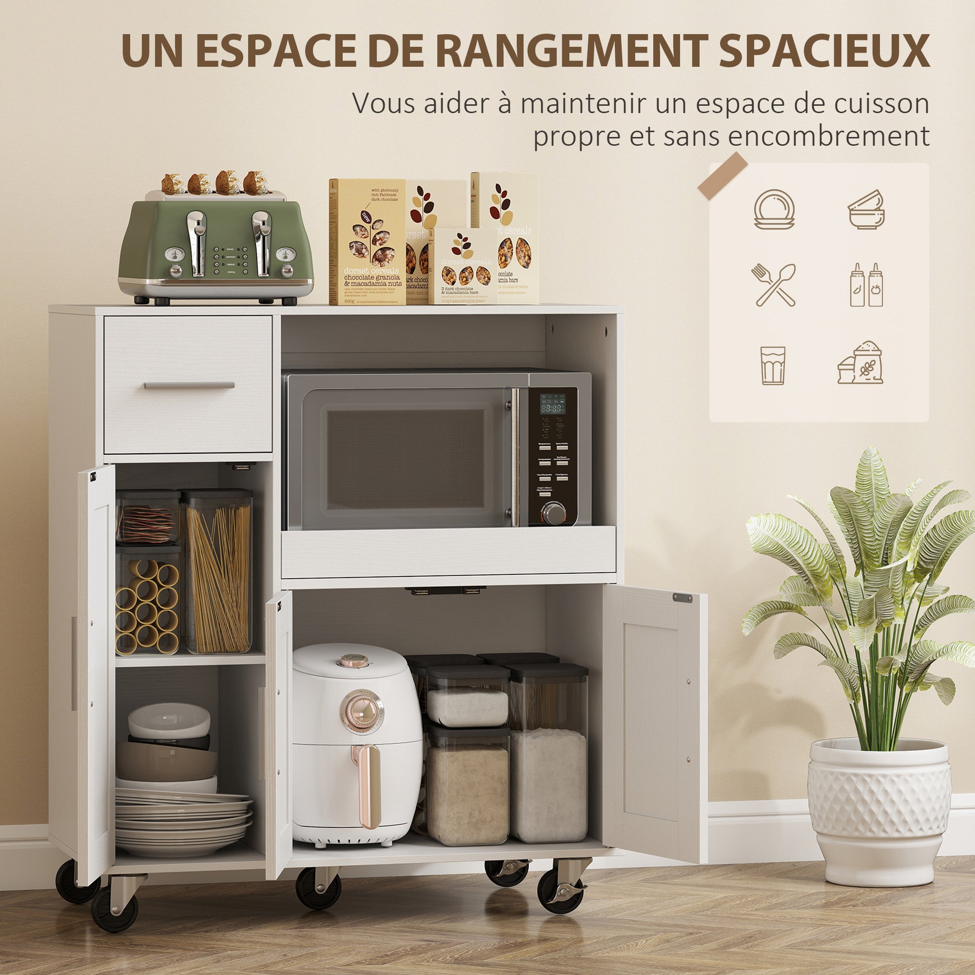 Desserte cuisine à roulettes, meuble micro onde, plateau coulissant, tiroir, placards 3 portes, 80x40x88,7cm, blanc - 6