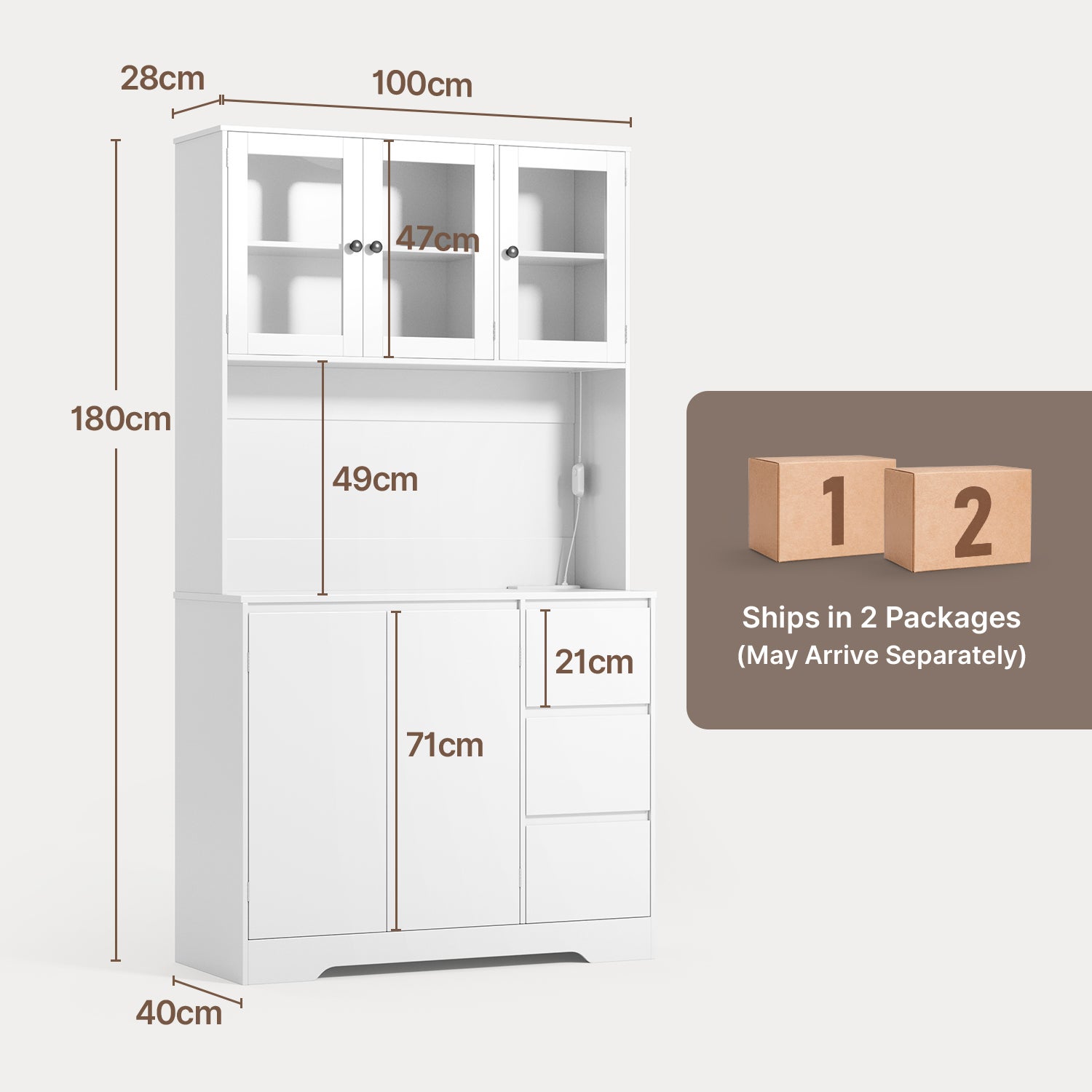 Meuble de rangement cuisine haut blanc,180 cm,avec portes vitrées,avec 3 tiroirs et 5 portes et compartiments - 3