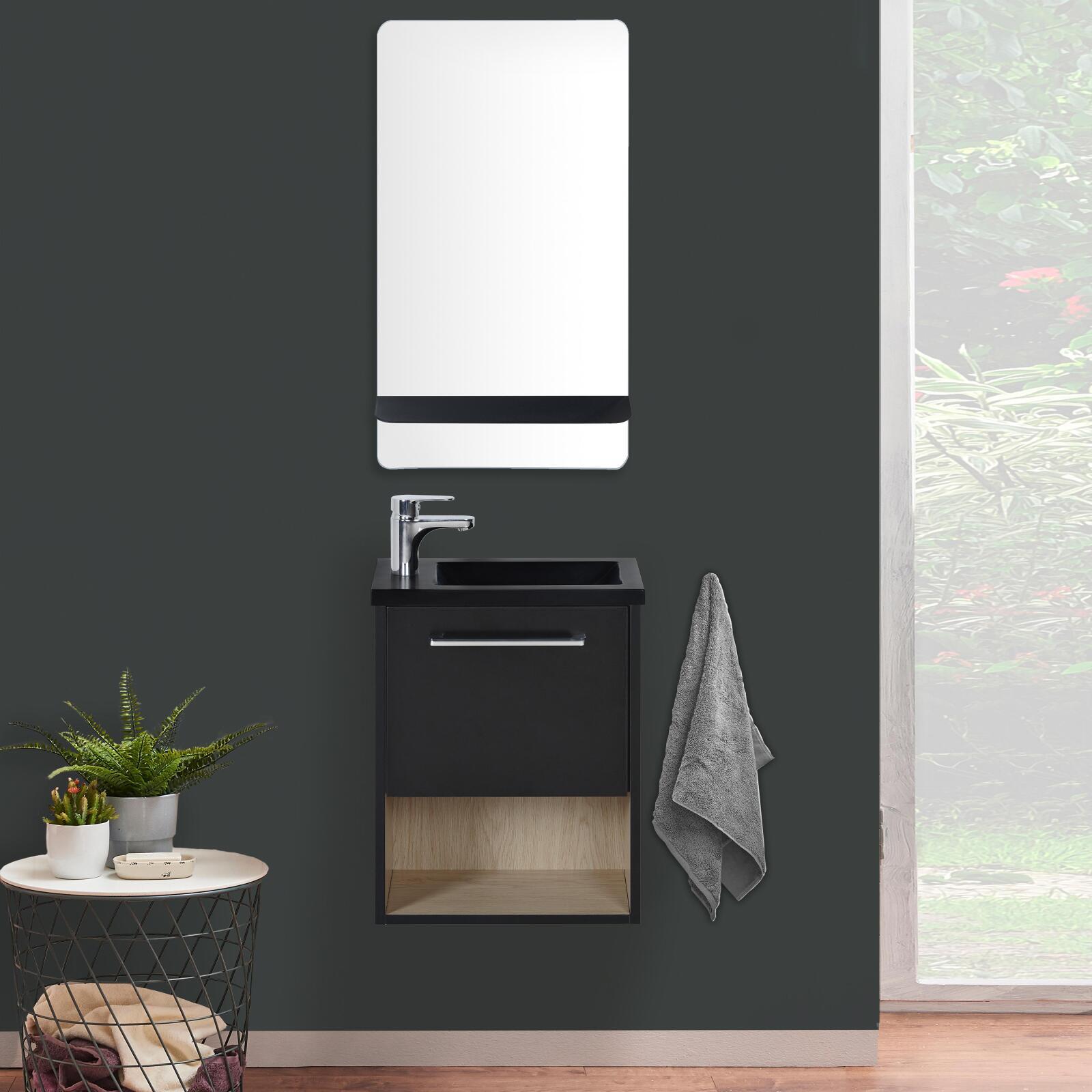 Meuble lave-mains NIKA Noir intérieur décor chêne + robinet chromé +miroir  | Leroy Merlin