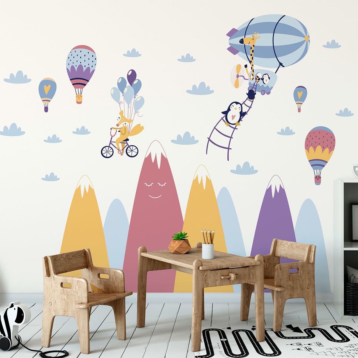 Vinilo niño escandinavo de montaña animales alegres - adhesivo de pared - revestimiento sticker mural decorativo - 100x150cm - 3