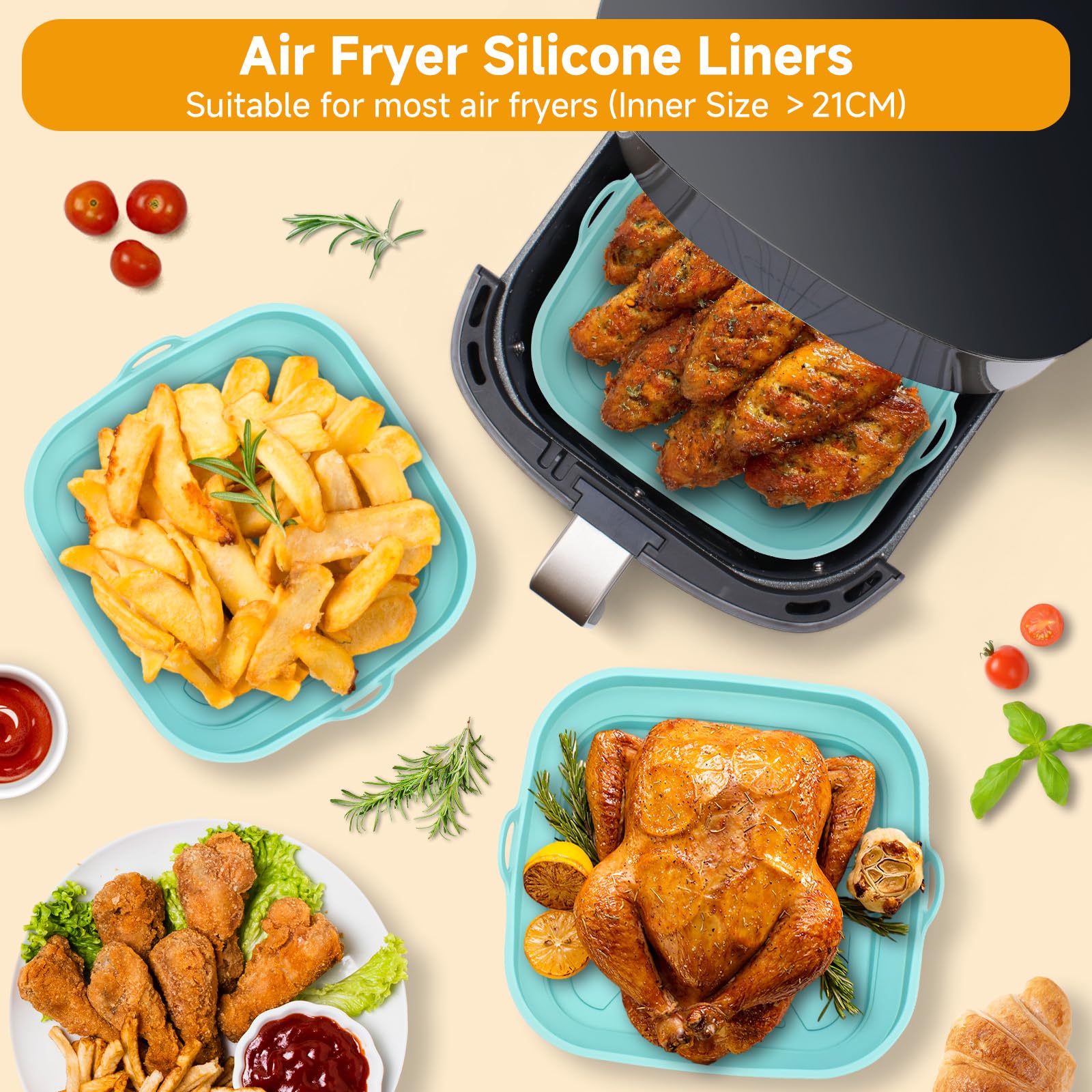 Alyvisun Teglie in Silicone per Friggitrice ad Aria, 3 Pezzi Teglia Cestello per Air Fryer Contenitori Riutilizzabile Quadrato Tappetino Stampi Per Ai - 2