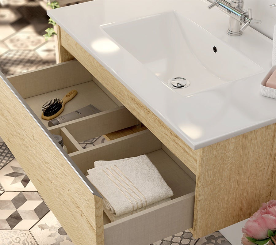 Meuble de salle de bain 2 tiroirs avec vasque à poser arrondie PENA et miroir Led STAM - Bambou (chêne clair) - 120cm - 4