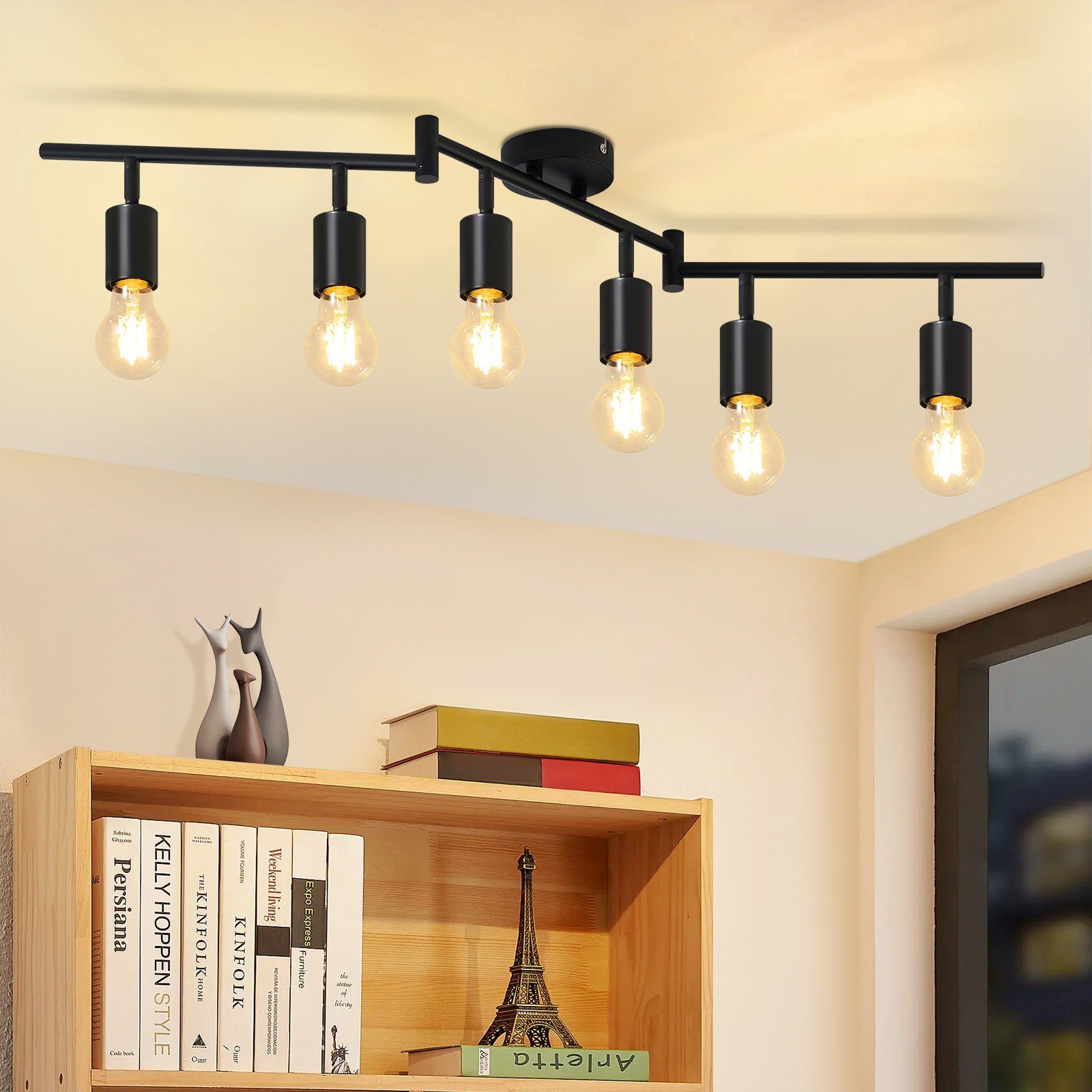 ZMH Czarna lampa sufitowa LED 6 świateł E27 - lampa sufitowa w stylu vintage, obrotowa 350°, w stylu industrialnym do kuchni (bez żarówek)