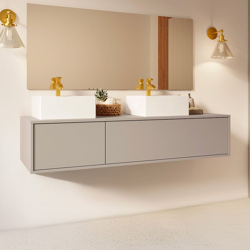 Szafka łazienkowa wisząca w kolorze beżowym z podwójną kwadratową umywalką - L150 cm - ISAURE II