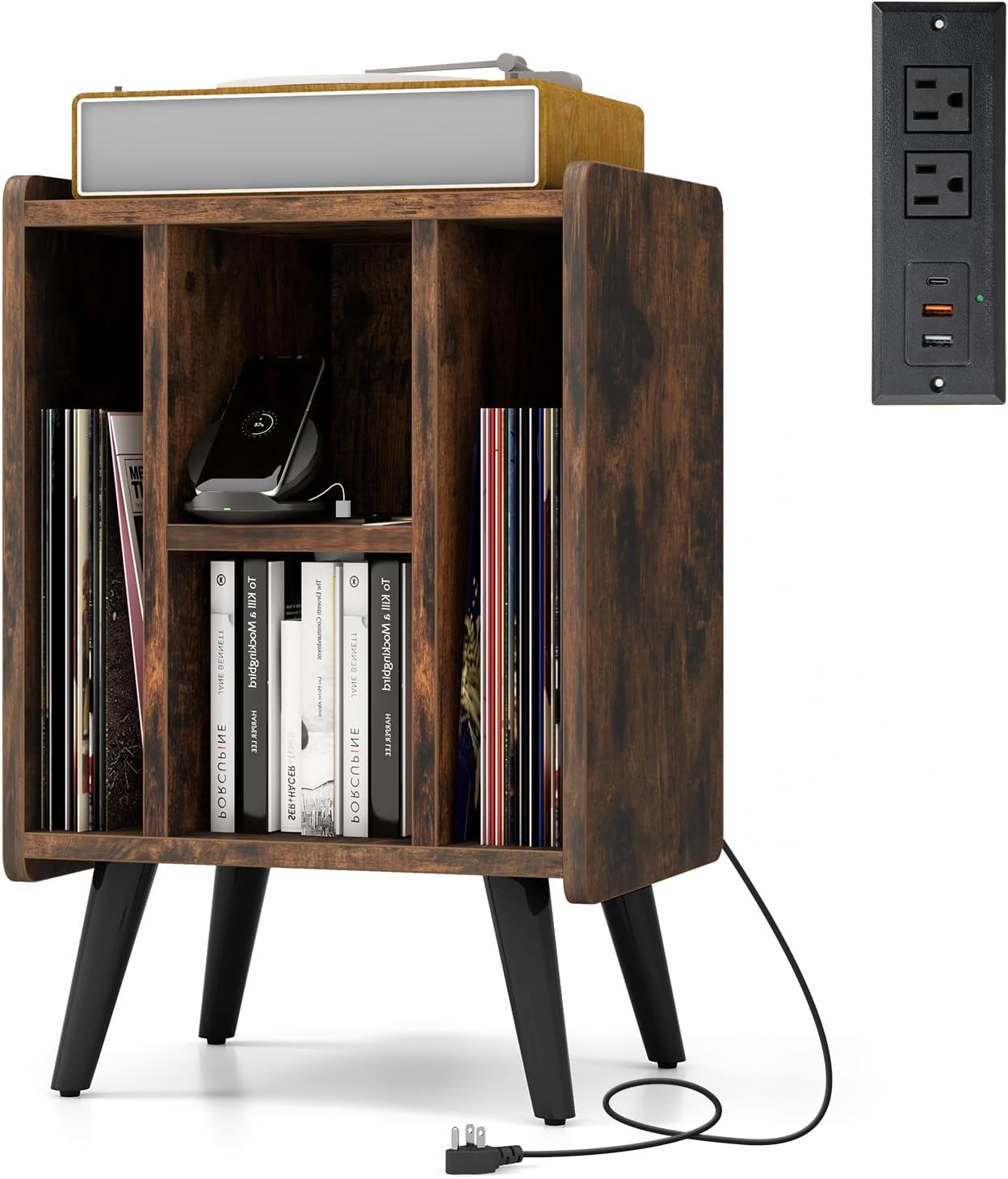 Stolik Pomocniczy ze Stacją Ładującą, 2 Gniazdkami, 2 Portami USB, 1 Portem Typu C, Szafką na Płyty Winylowe, 4 Przegrodami, Podwyższonymi Nóżkami