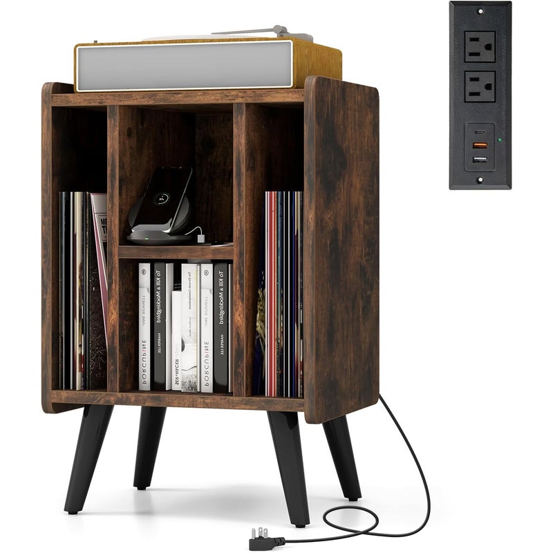 Stolik Pomocniczy ze Stacją Ładującą, 2 Gniazdkami, 2 Portami USB, 1 Portem Typu C, Szafką na Płyty Winylowe, 4 Przegrodami, Podwyższonymi Nóżkami