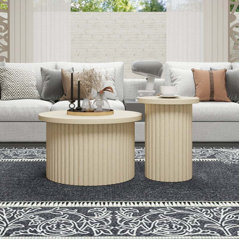 Zestaw 2 okrągłych stolików bocznych z naturalnego drewna, falista struktura, składany blat, wbudowane miejsce do przechowywania, idealne do salonu