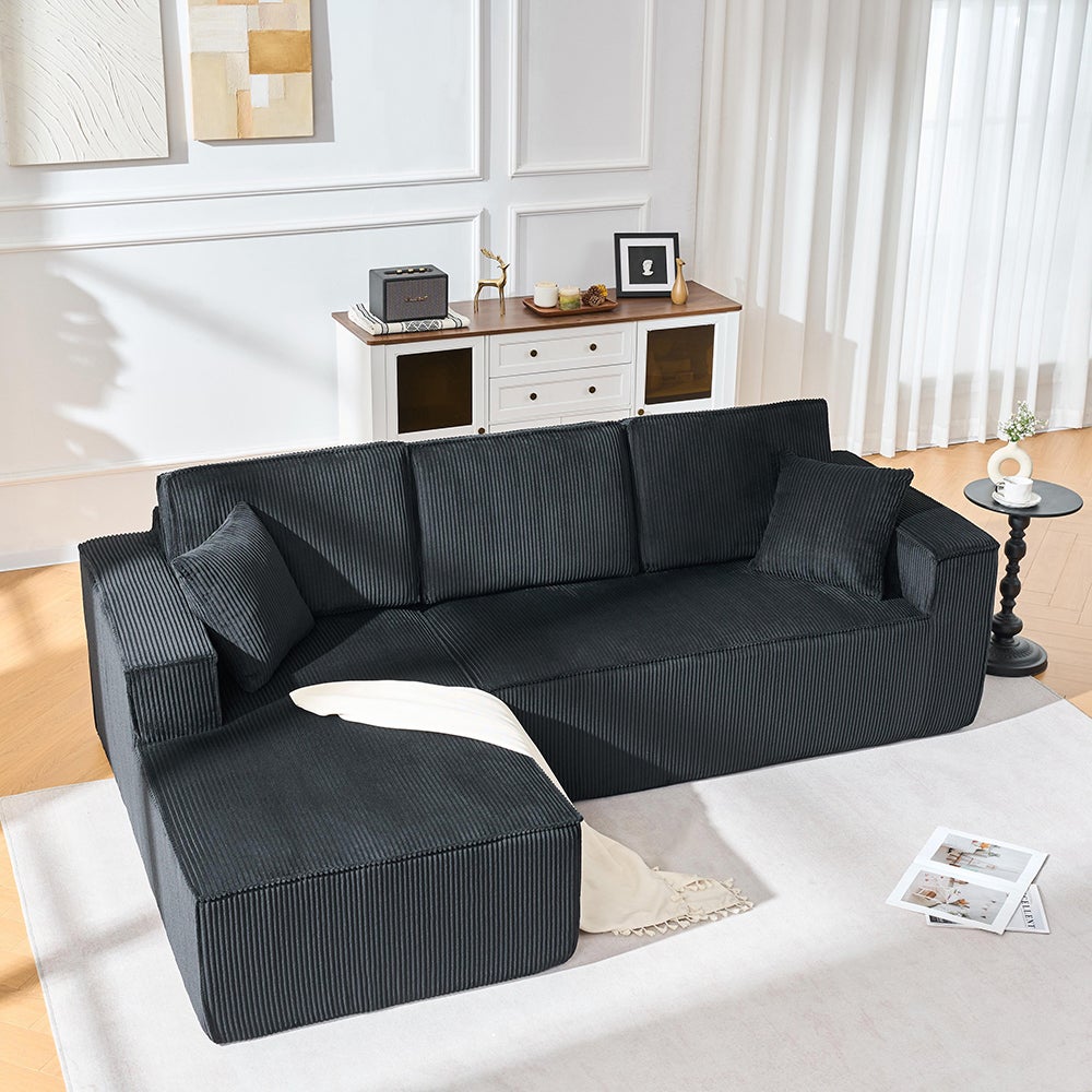 Canapé d'angle en L en velours côtelé compressé,2 places + coin chaise longue,noir,modulaire avec rembourrage en mousse haute densité - 8