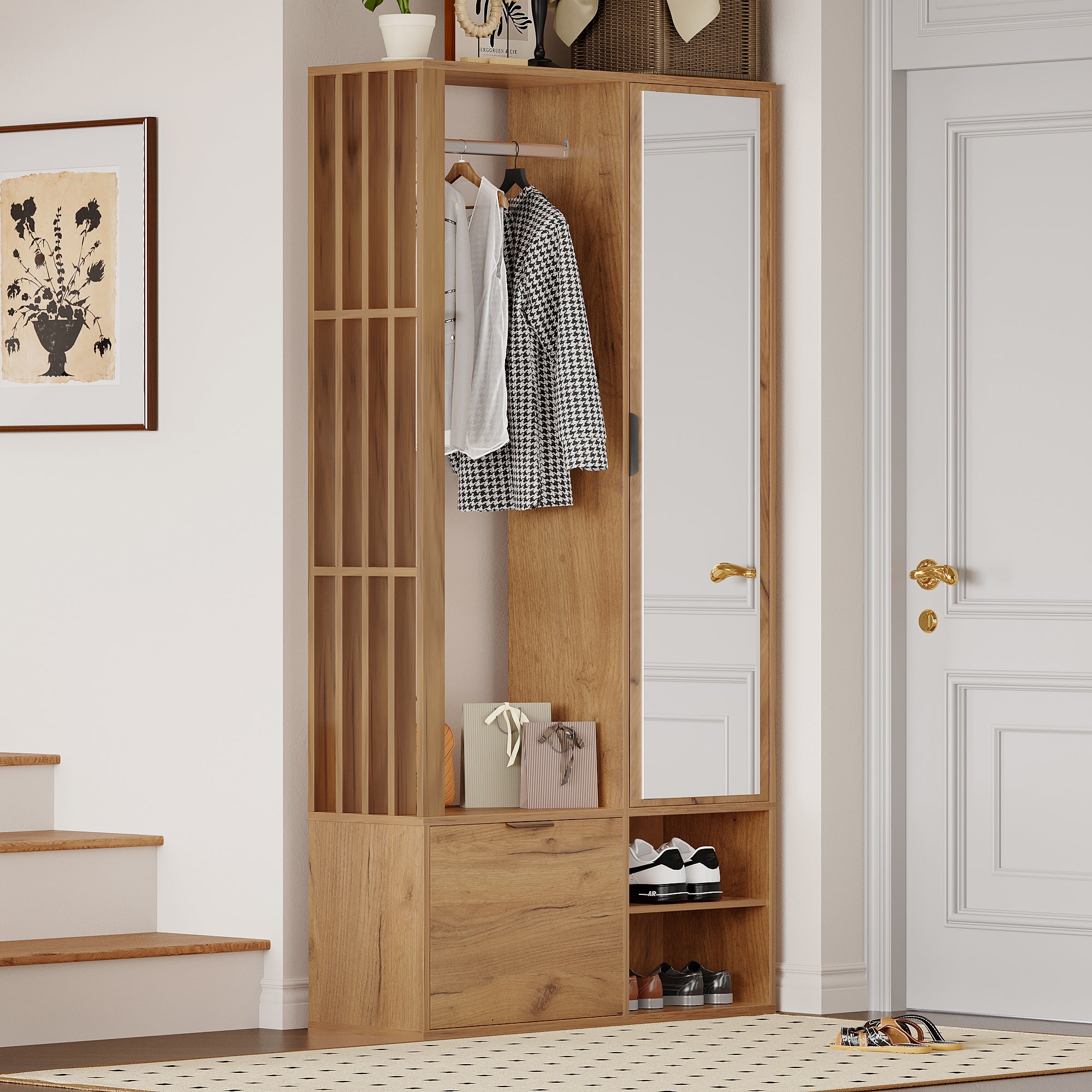 Komplet do przedpokoju 100x33x190cm - z szafką na buty - z lustrem - 2 drzwi - płyta wiórowa - naturalny