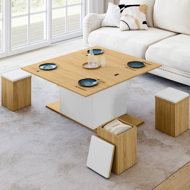 Table Et Pouf Combinés Noir Gris Table Basse Ronde Avec Tabouret, Peu Encombrant, Verre Et Métal, 40x40 Petite Table