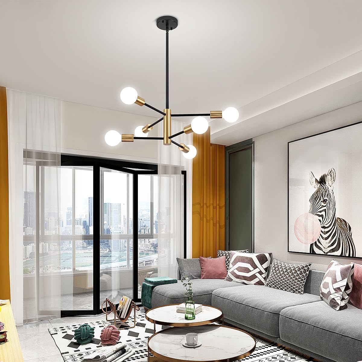 Nowoczesny żyrandol Sputnik, 6-punktowa lampa sufitowa w stylu Mid-Century, lampa wisząca w stylu retro industrialnym, żyrandol (bez białej żarówki) - 9