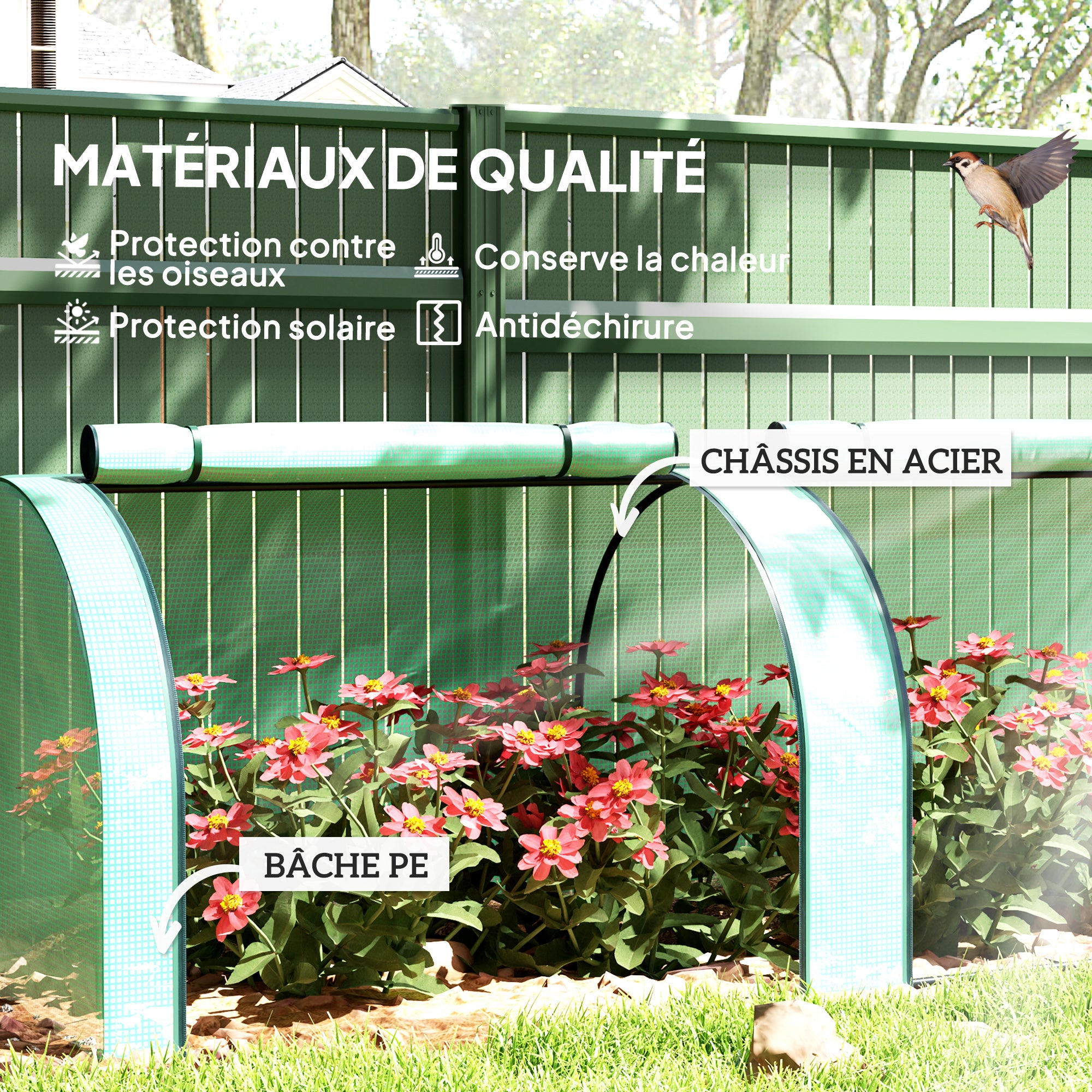 Mini Serre de Jardin tunnel - Outsunny - 3,5 x 1 x 0,8 m - Acier PE Haute densité 140 g/m² - 3 portes nroulables - vert - 4