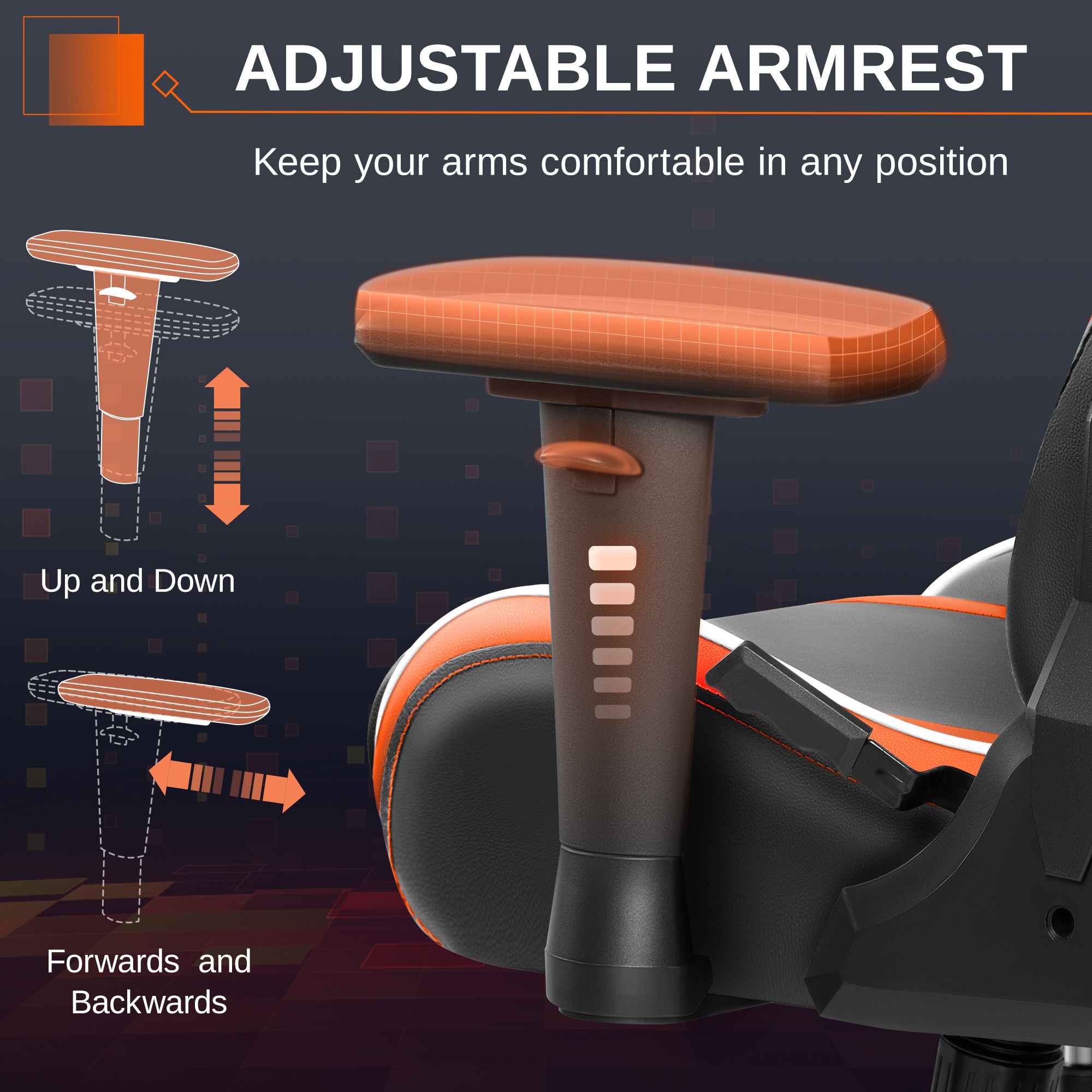 Chaise gaming ergonomique réglable en hauteur avec appui-tête et soutien lombaire, fauteuil bureau pivotant noir/orange - 6