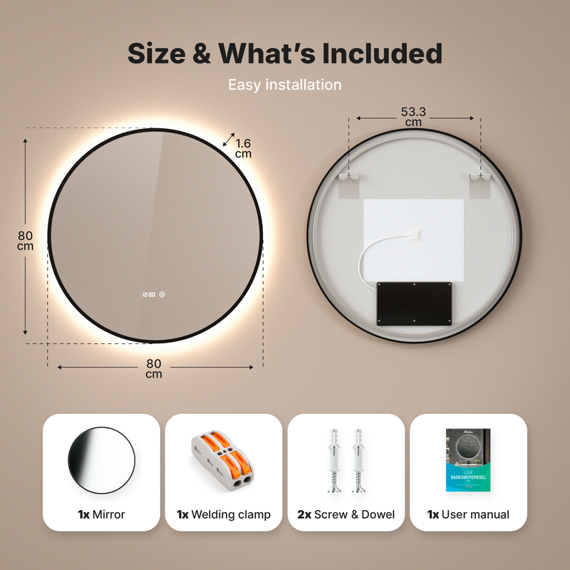 Mirlux Miroir de salle de bain avec éclairage LED et fonction chauffante - Miroir mural rond - Anti-condensation - Noir mat - 80 cm - 7