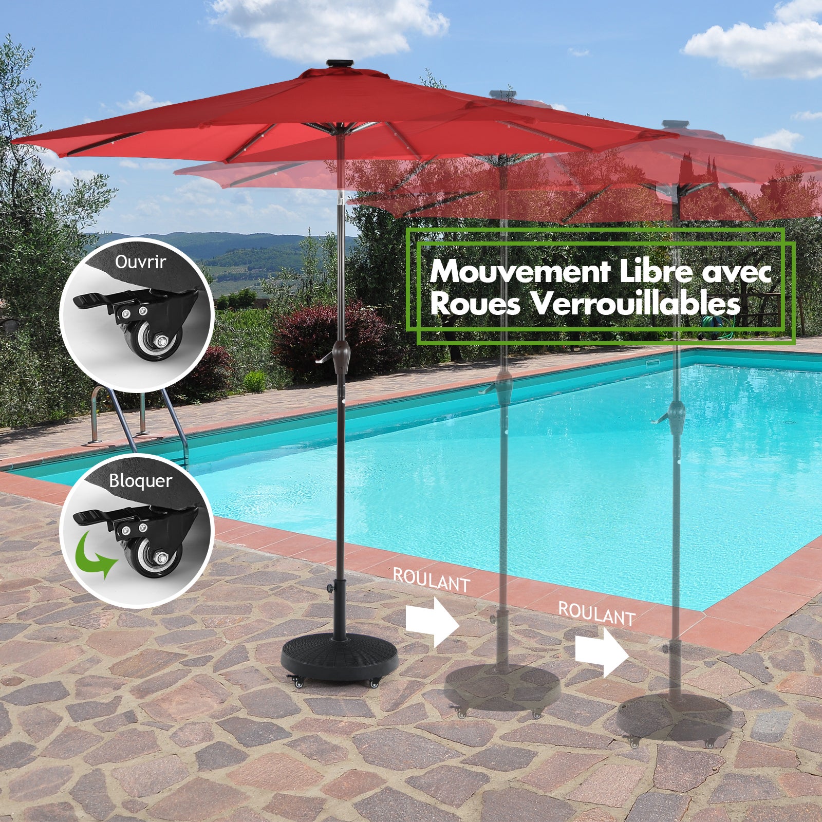 Pied de Parasol sur Roulettes φ52CM 23KG, Socle Parasol Extérieur en Résine avec Bouton Rotatif, Résistant aux Intempéries, pour Poteaux 38/48 mm - 5