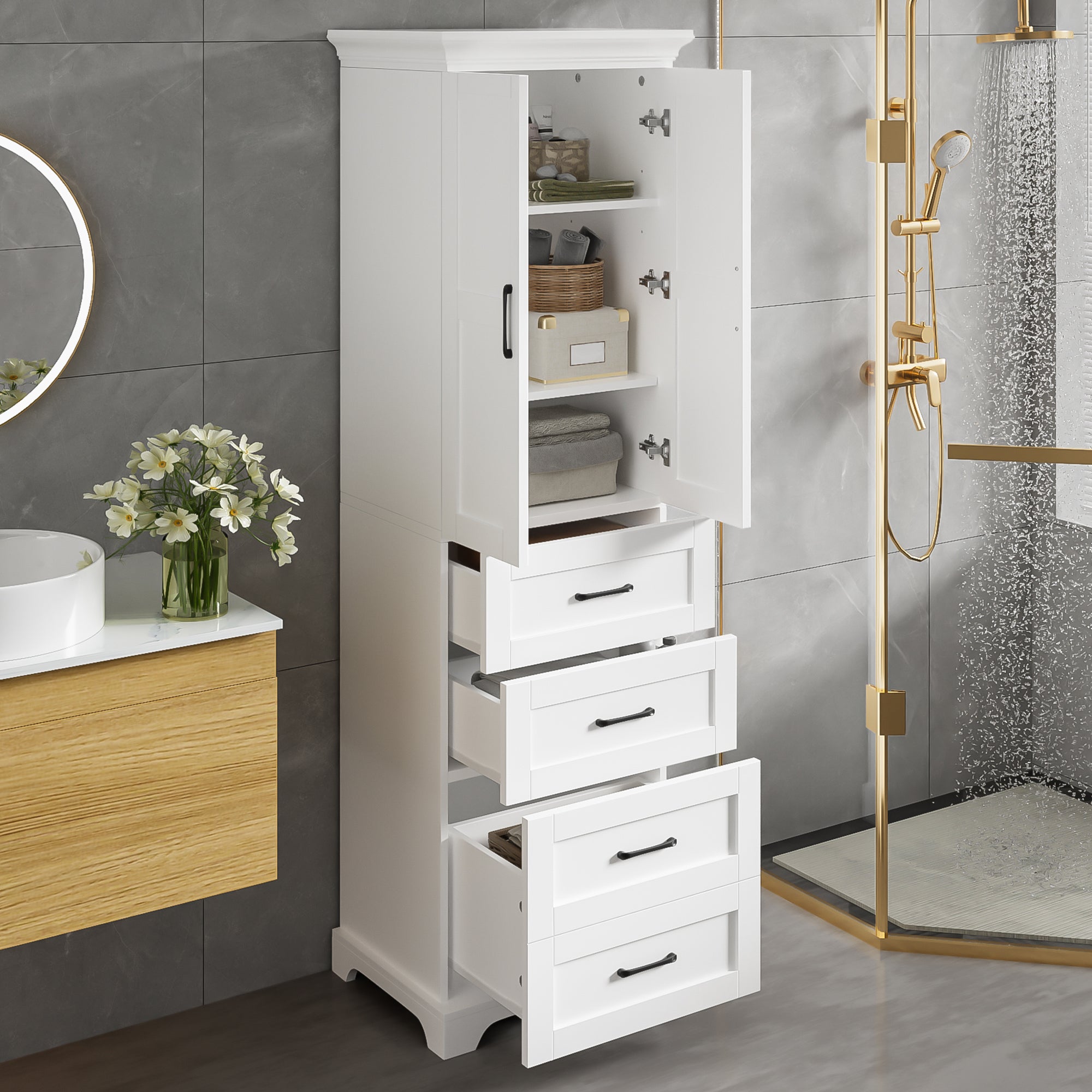 Szafka pod umywalkę 57 x 38 x 180 cm - Z 3 szufladami i 2 drzwiami - regulowane półki - MDF - biała