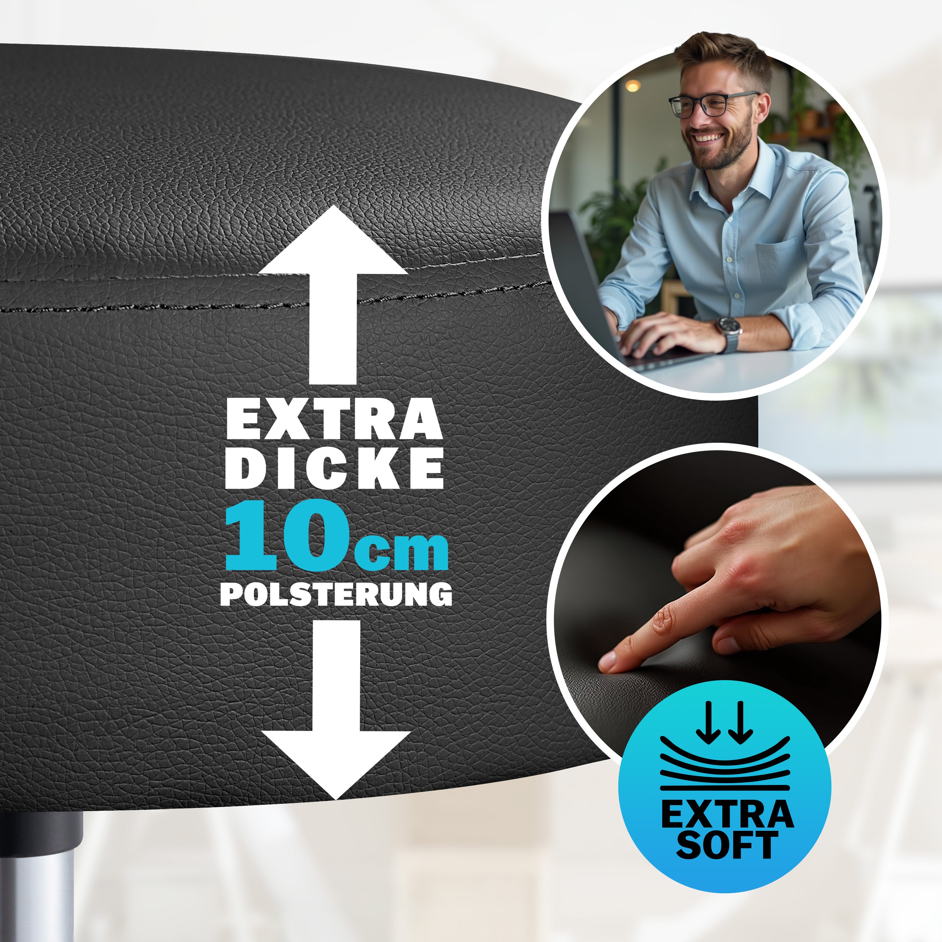 CASARIA® Tabouret à roulettes noir avec dossier confortable pivotable 360° réglable en hauteur avec repose-pieds bureau - 2