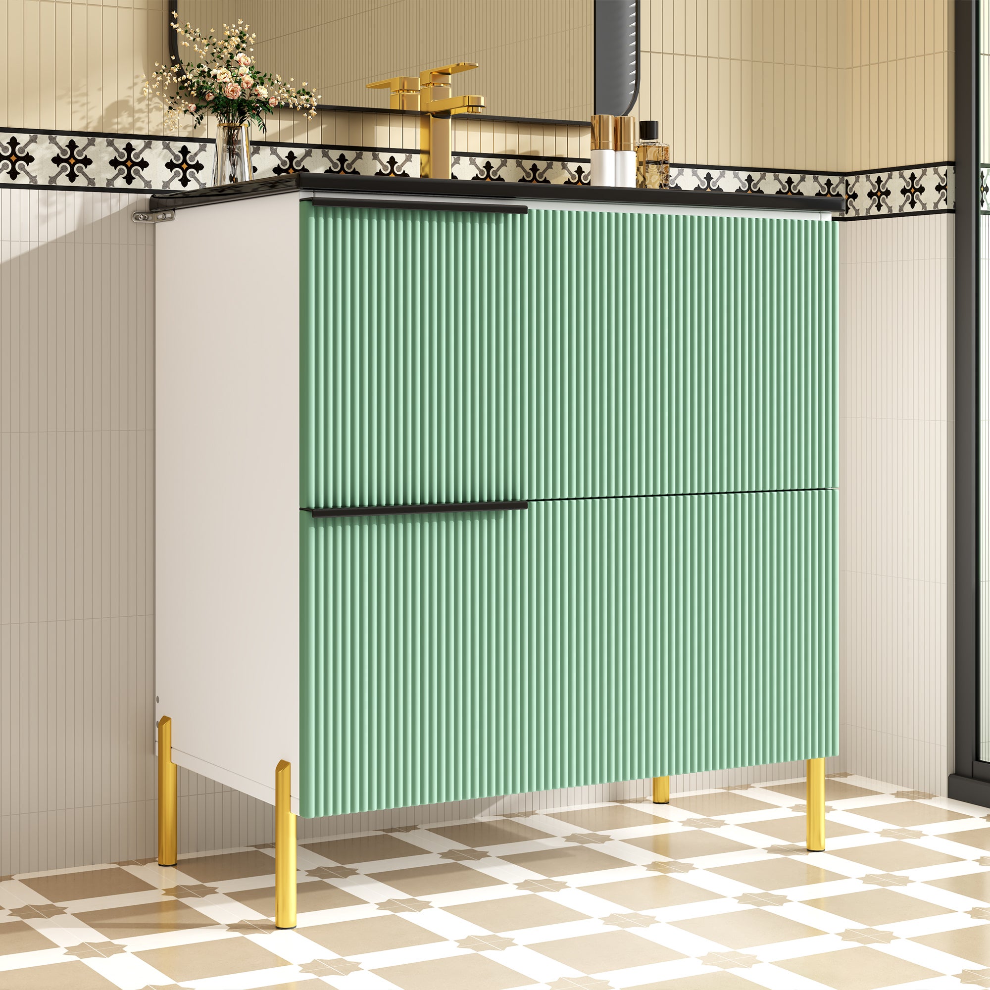 Móvel de banheiro com pia única, gabinete baixo com cuba de cerâmica - 2 gavetas - 81,5 x 47 x 90 cm - MDF - Verde - 6