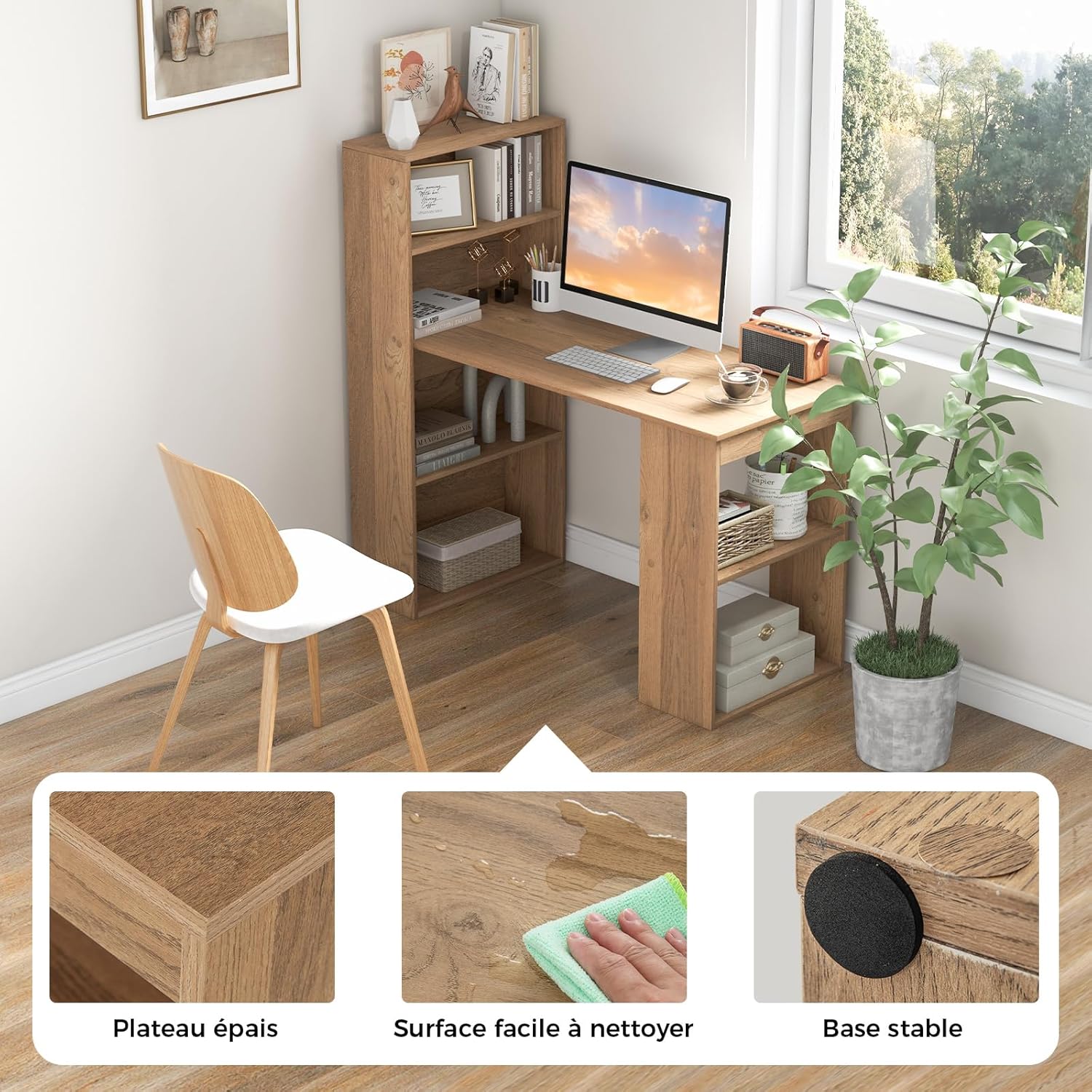 Bureau d'Ordinateur Réversible avec Bibliothèque,Assemblage Facile, pour Maison, Bureaux (Naturel) - 9