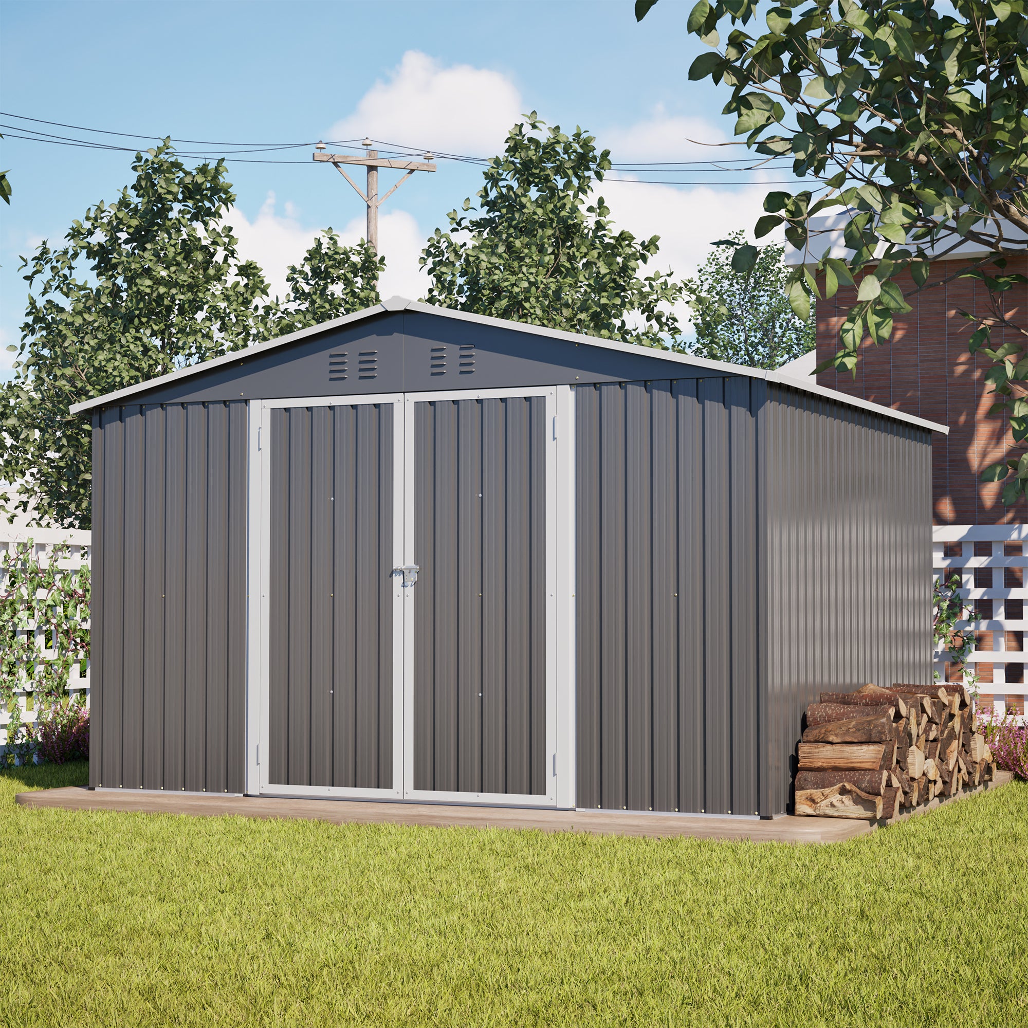 7.56 m² Caseta jardin exterior metálica 300x252x191 cm,Cobertizo para Herramientas con Puerta y Ventilación para Terraza Patio-Gris - 2