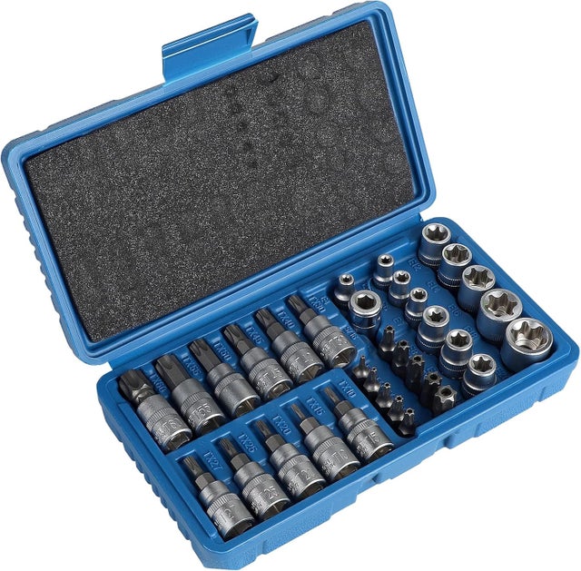 34 Pièces Coffret Douilles Torx Femelle, Torx Intérieur et Extérieur E4-E20 3/8'', T10-T60 3/8'', Torx Bit T10-T55 5/16''